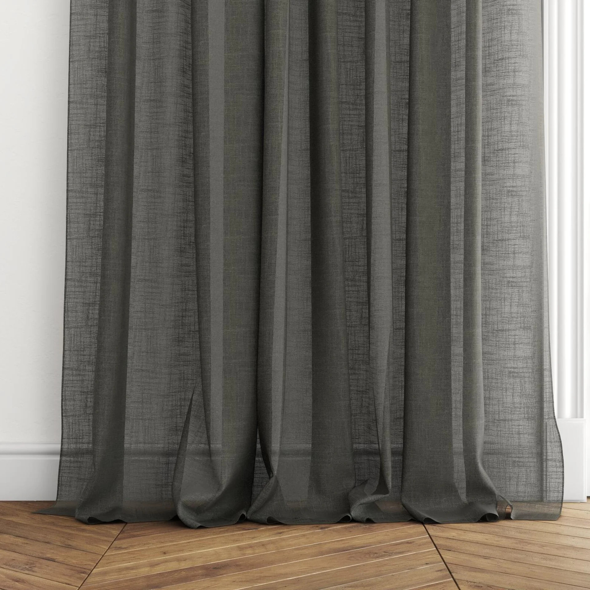 Bottom view of Verdant Charcoal, puddled with pinch pleat, on curtain rod
