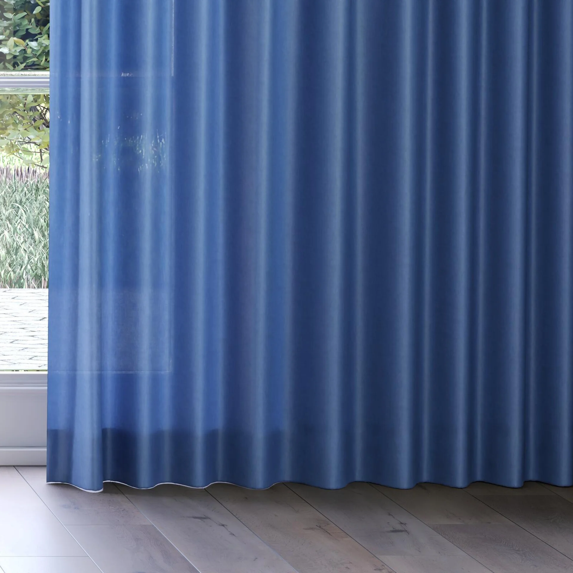 Bottom view of Flo II Denim, on curtain rail