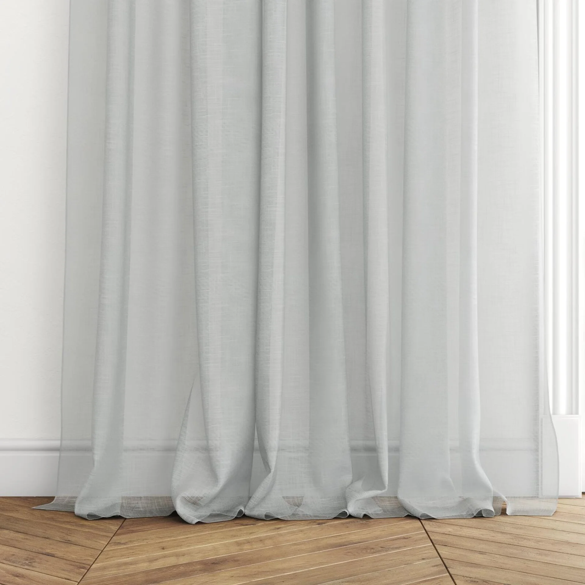 Bottom view of Kumo Recycled Duckegg, puddled with pinch pleat, on curtain rod