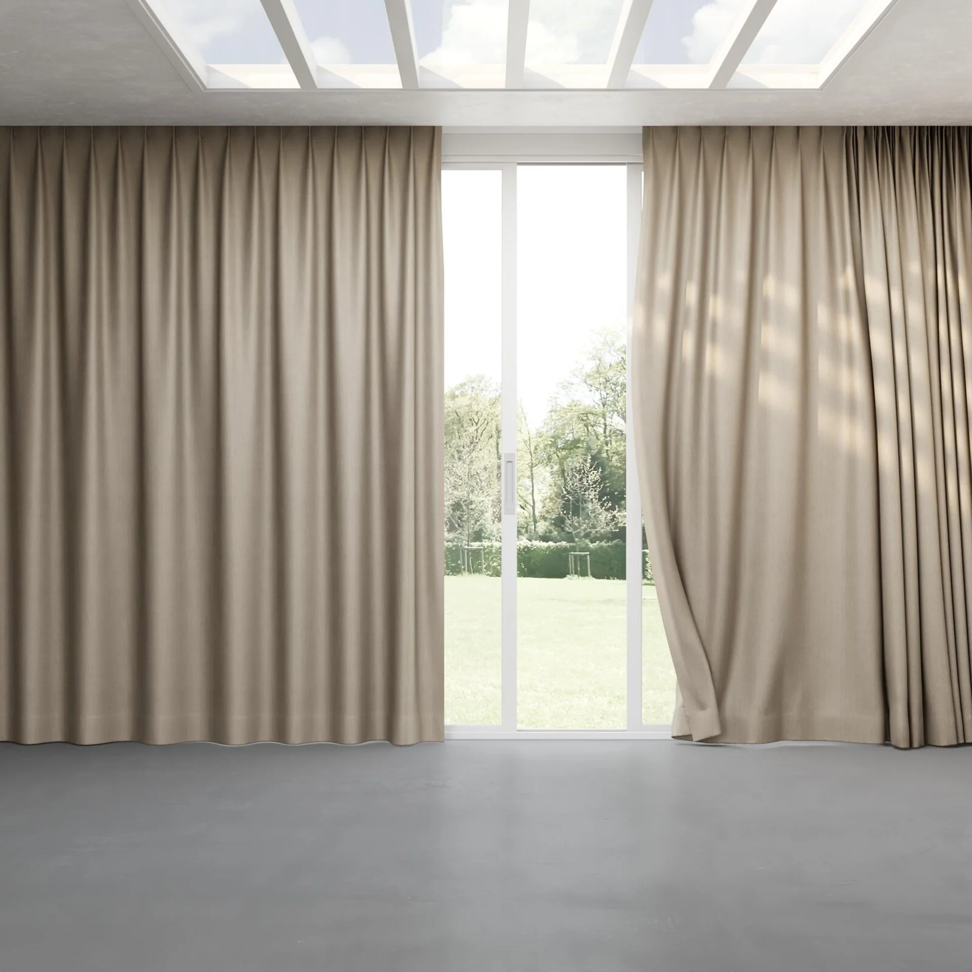 Full view of Hombre Taupe, pinch pleat