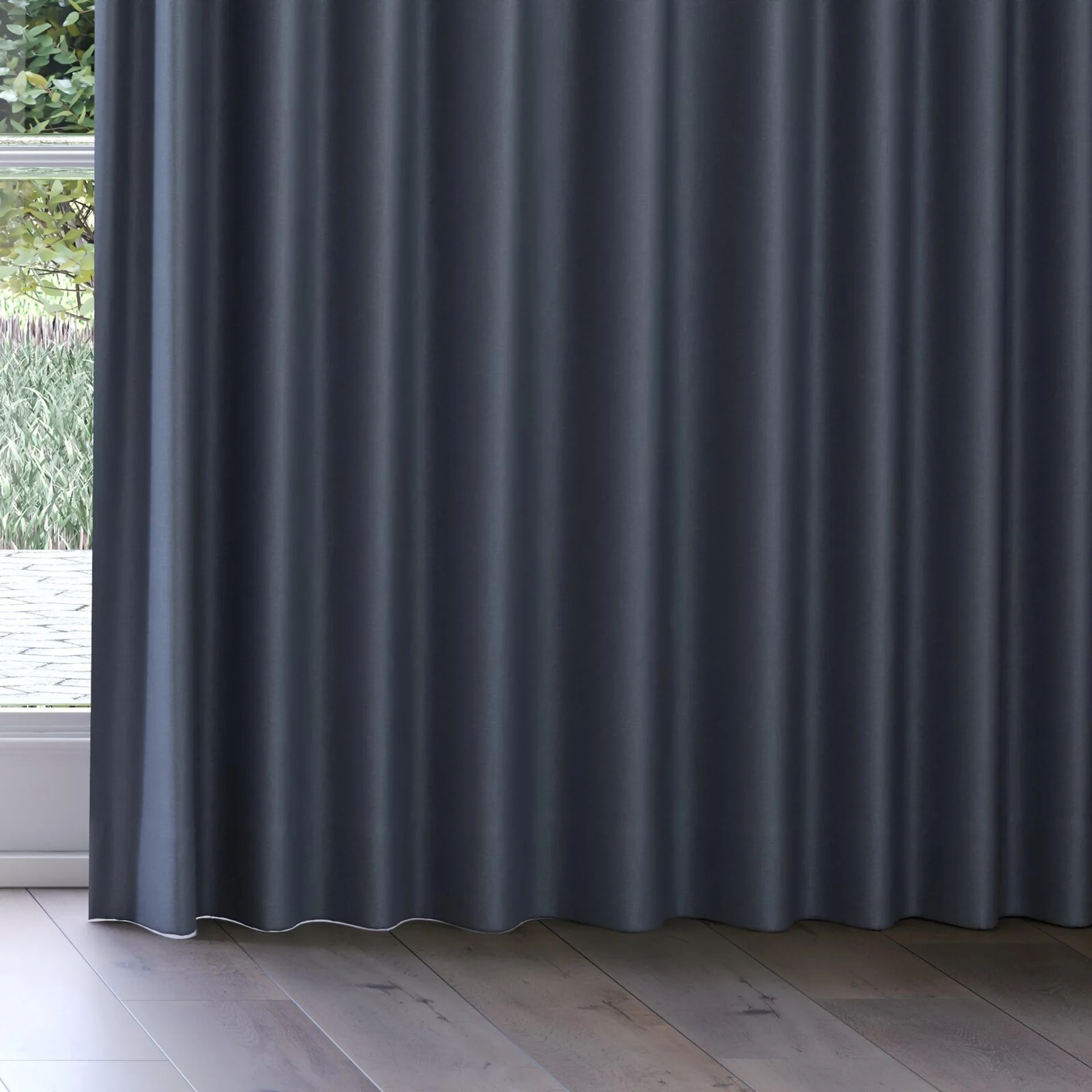 Bottom view of Brugge Denim, on curtain rail