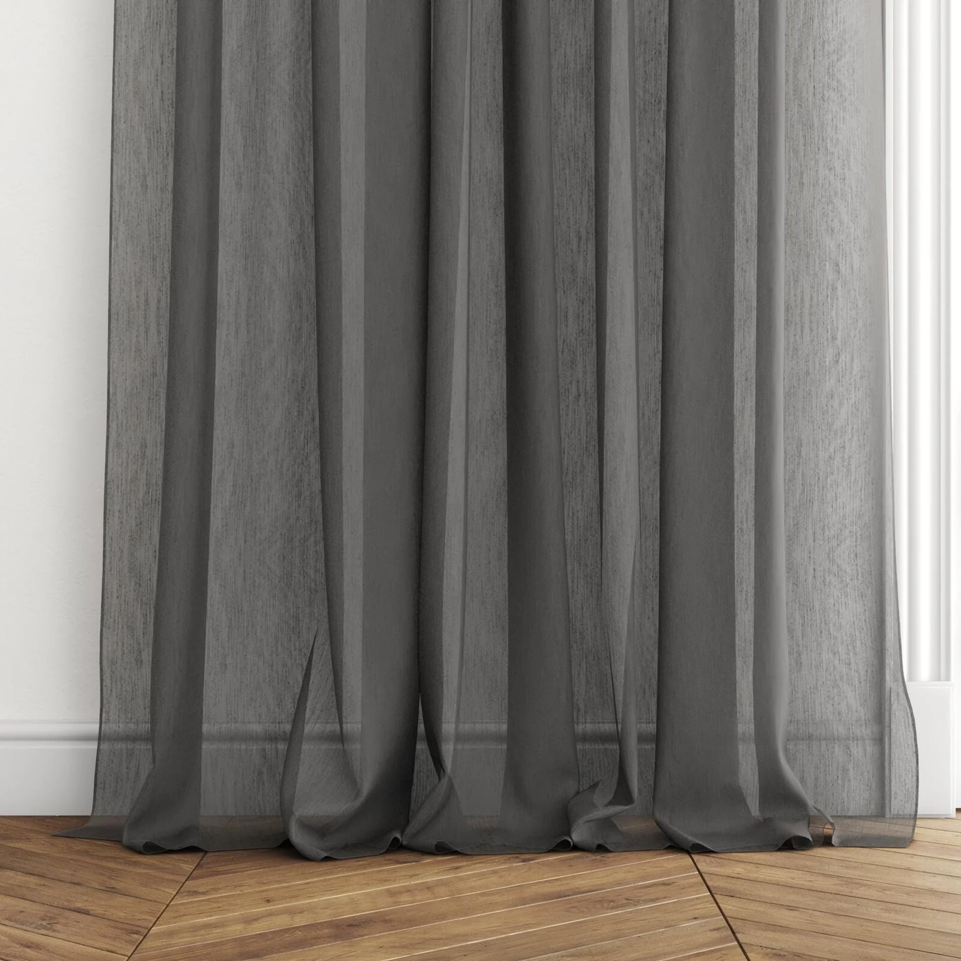 Bottom view of Stratus Charcoal, puddled with pinch pleat, on curtain rod