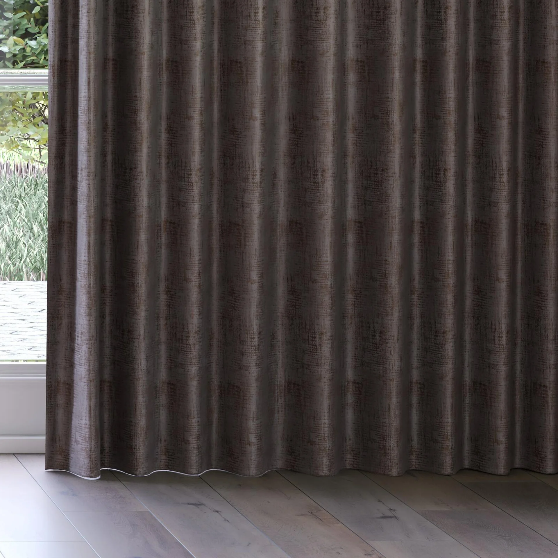 Bottom view of Gloria Charcoal, on curtain rail