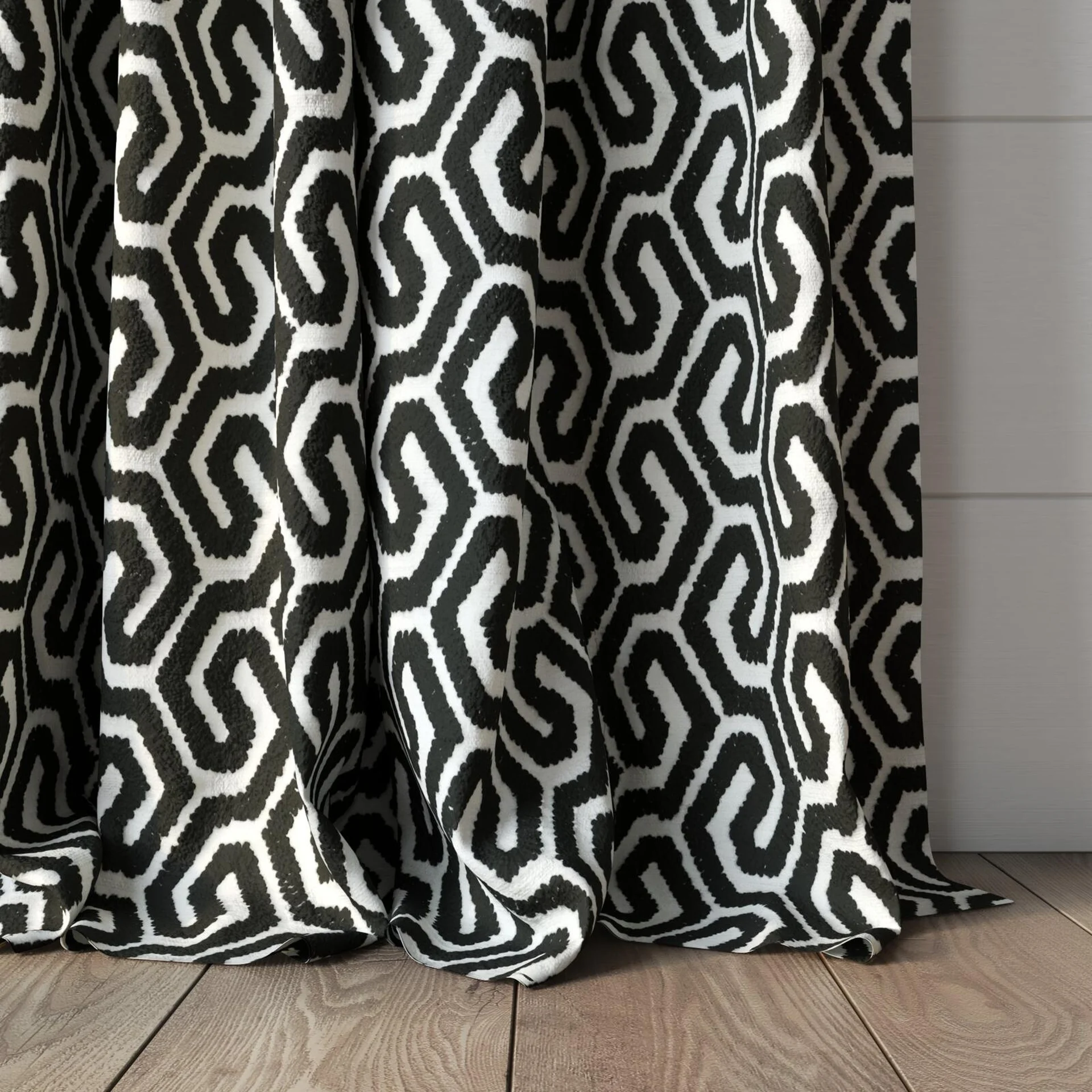 Bottom view of Comdeca Liquorice, puddled, on curtain rod