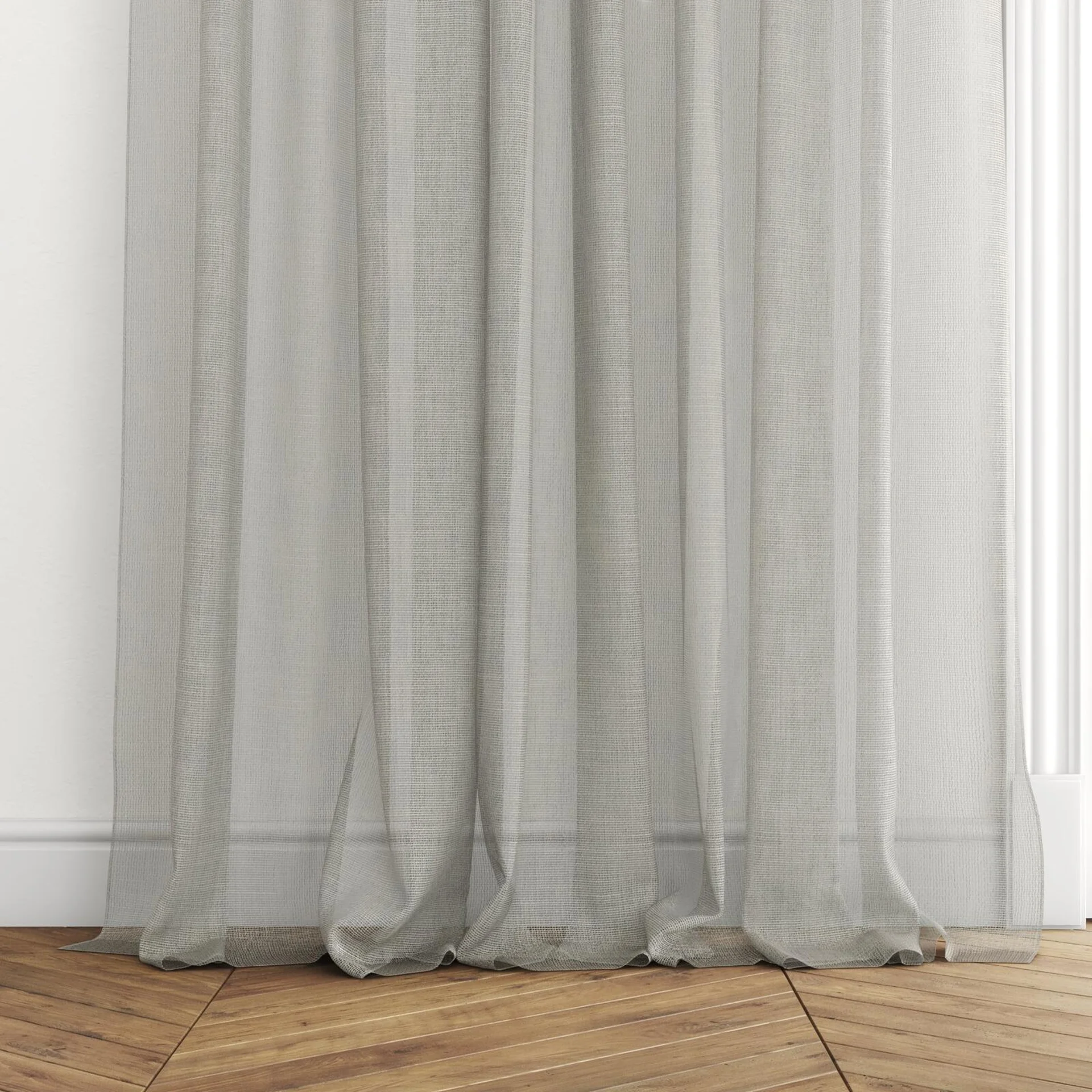 Bottom view of Radiant Mineral, puddled with pinch pleat, on curtain rod