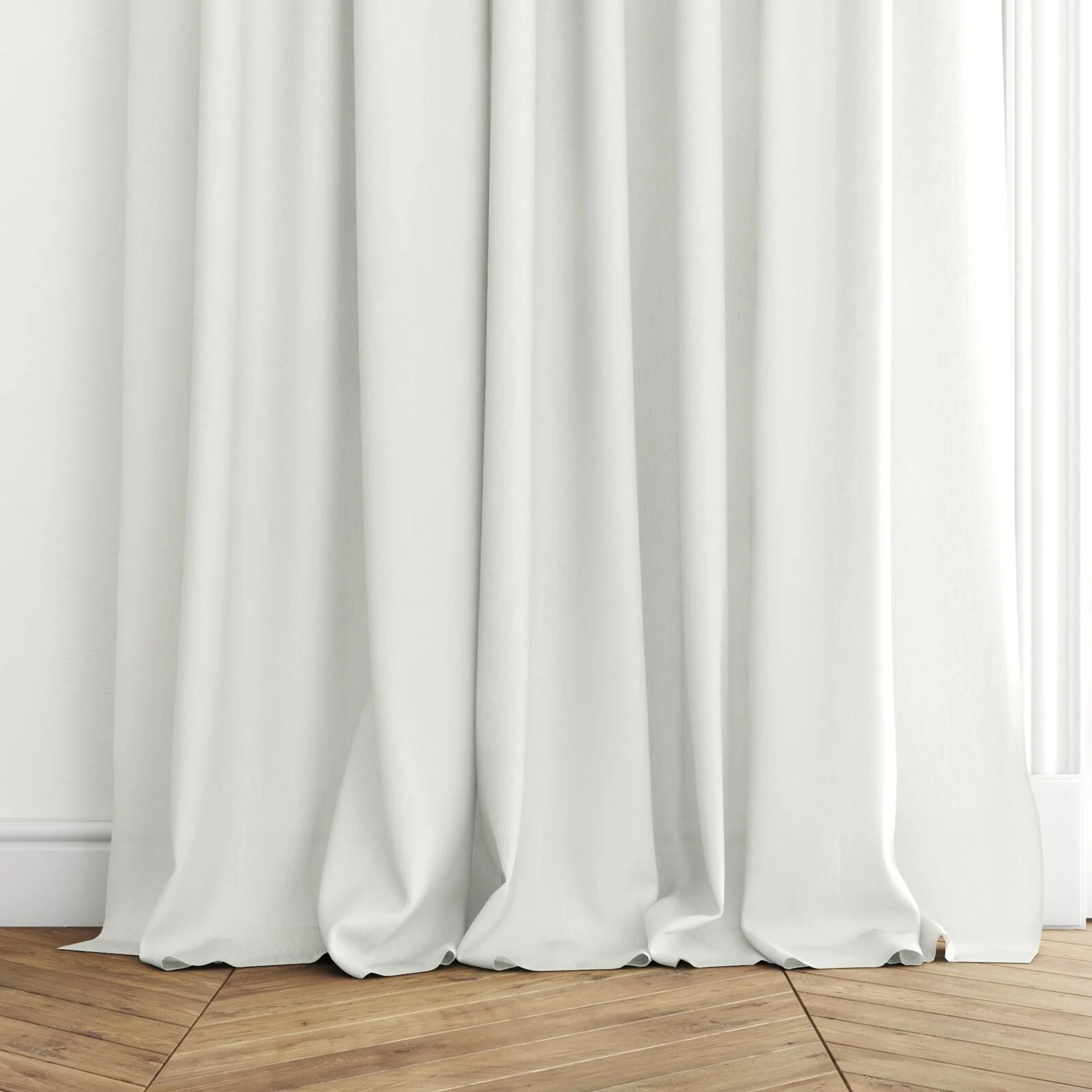 Bottom view of Axis FR Linen, puddled with pinch pleat, on curtain rod
