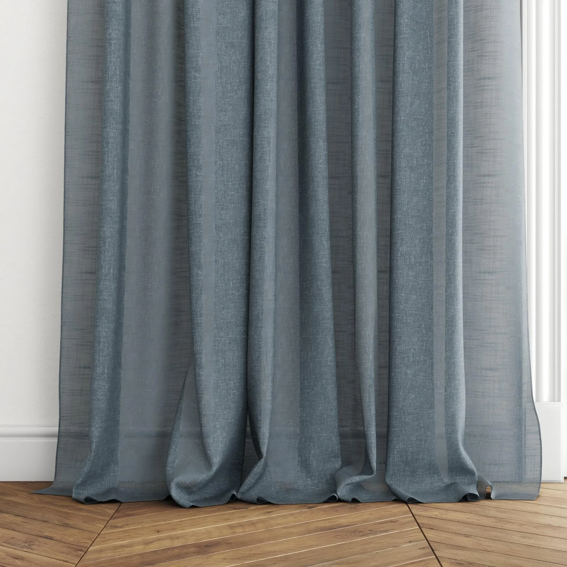Bottom view of Uno River, puddled with pinch pleat, on curtain rod