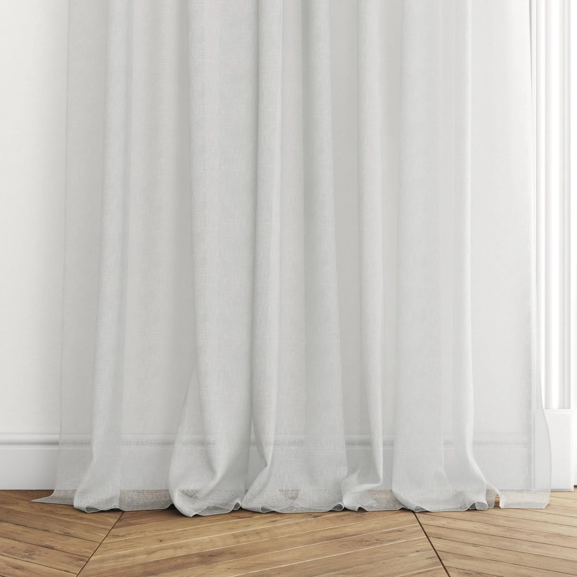 Bottom view of Elevate Pearl, puddled with pinch pleat, on curtain rod