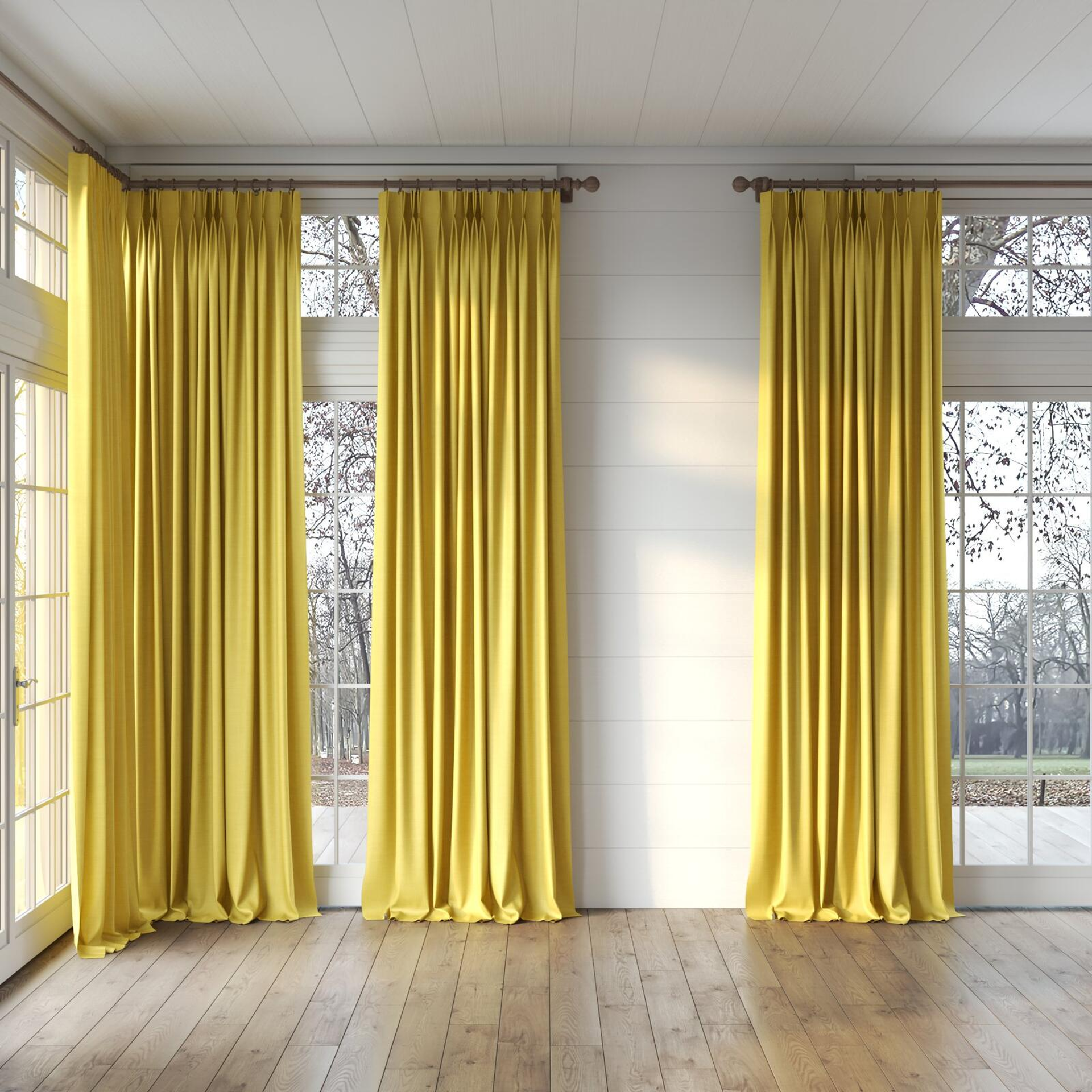 Full view of Keystone Sun, puddled, on curtain rod