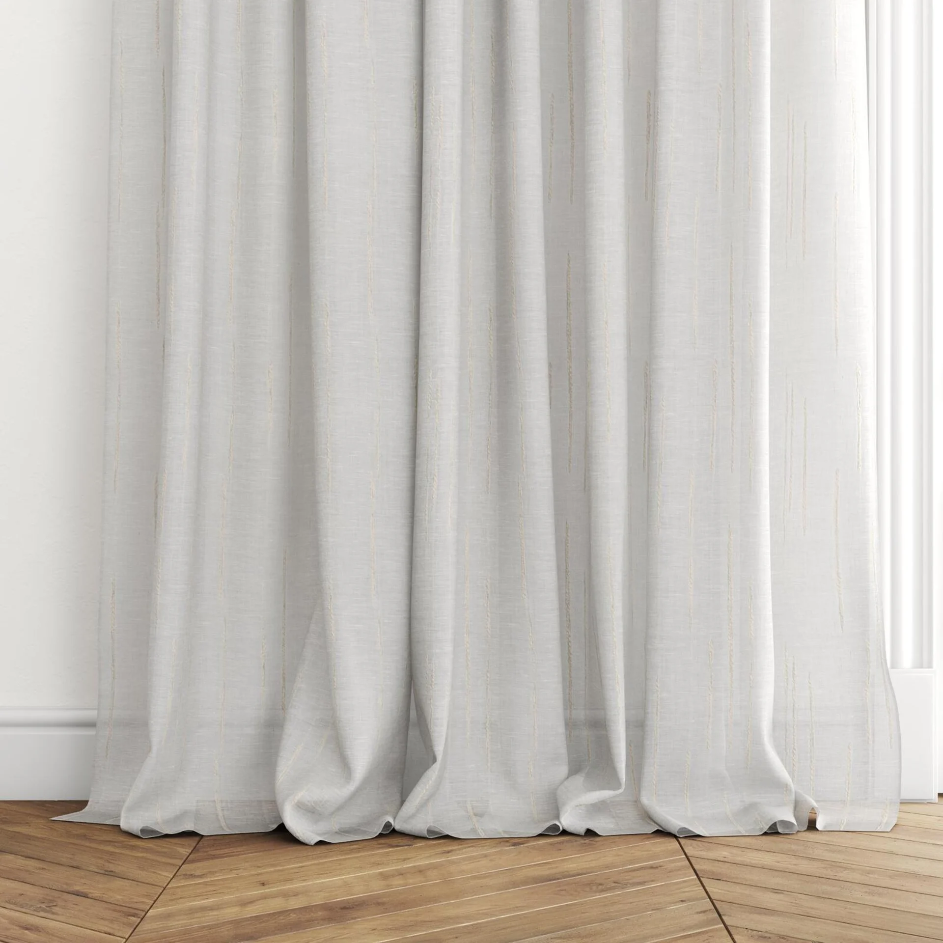 Bottom view of Tidal Cloud, puddled with pinch pleat, on curtain rod