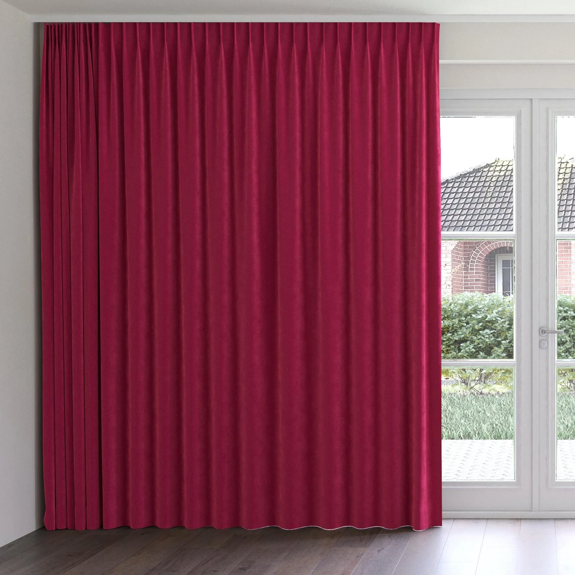 Front view of Lux Velvet Strawberry 8613, on curtain rail