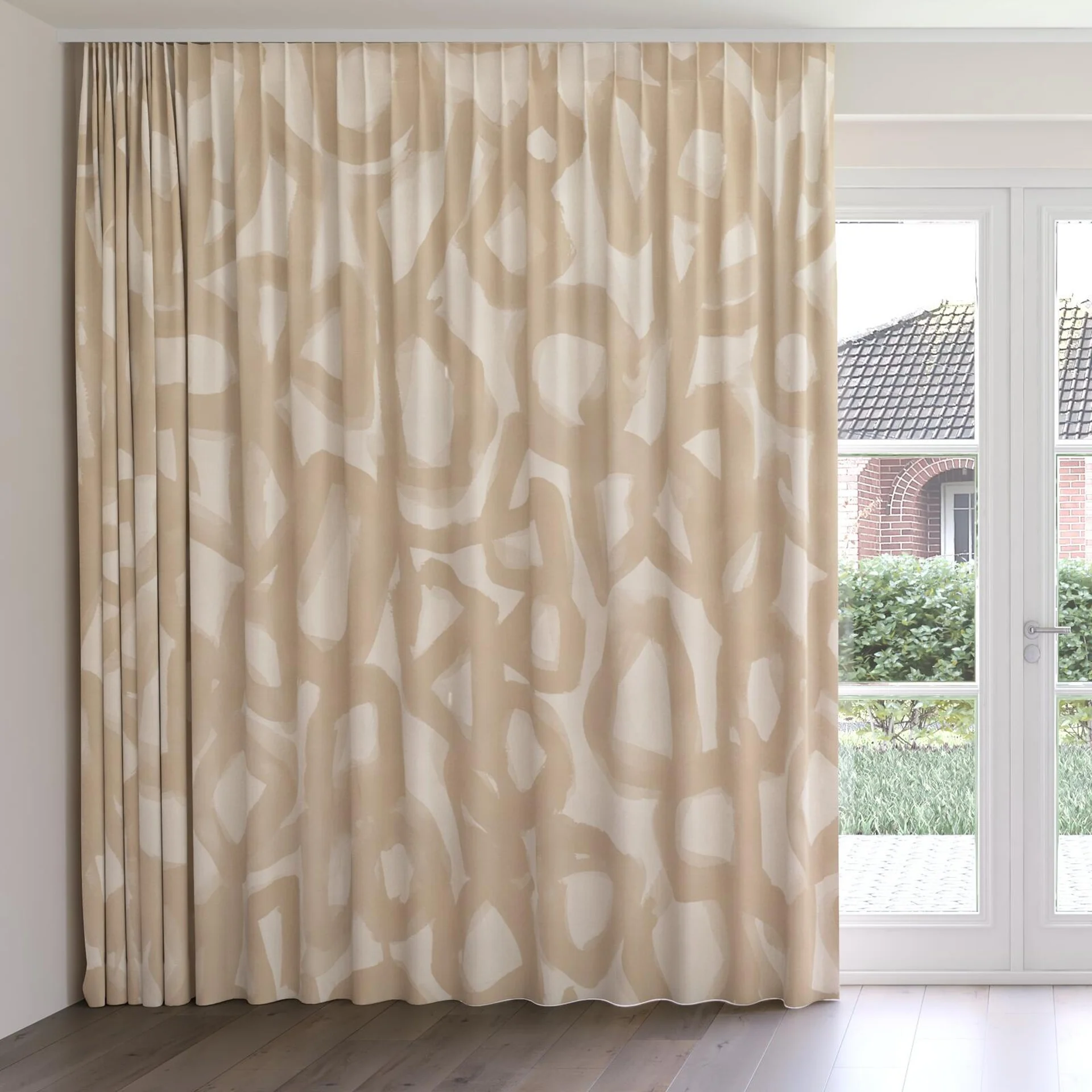 Front view of Abstraction Calico, on curtain rail