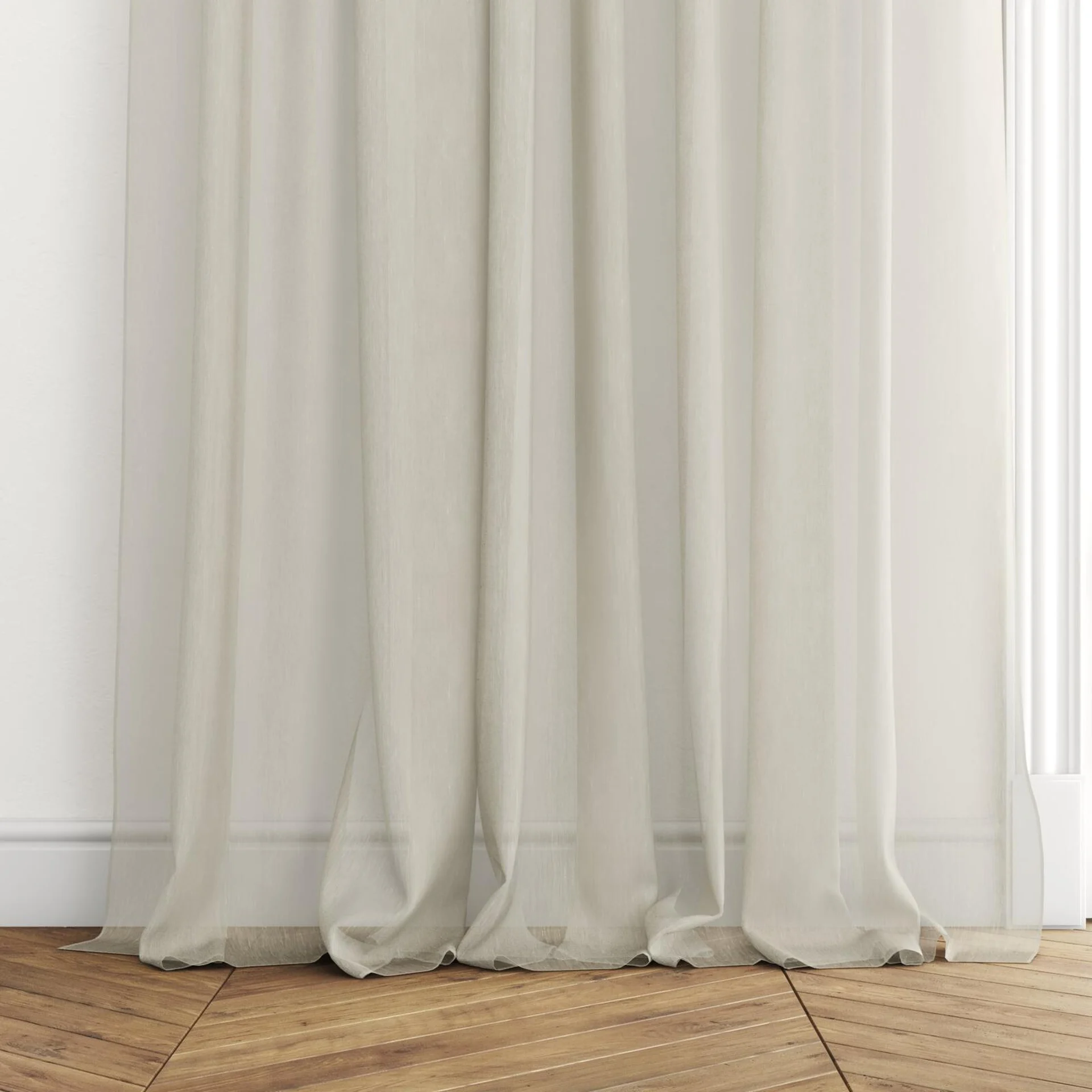 Bottom view of Aurora Sandstone, puddled with pinch pleat, on curtain rod
