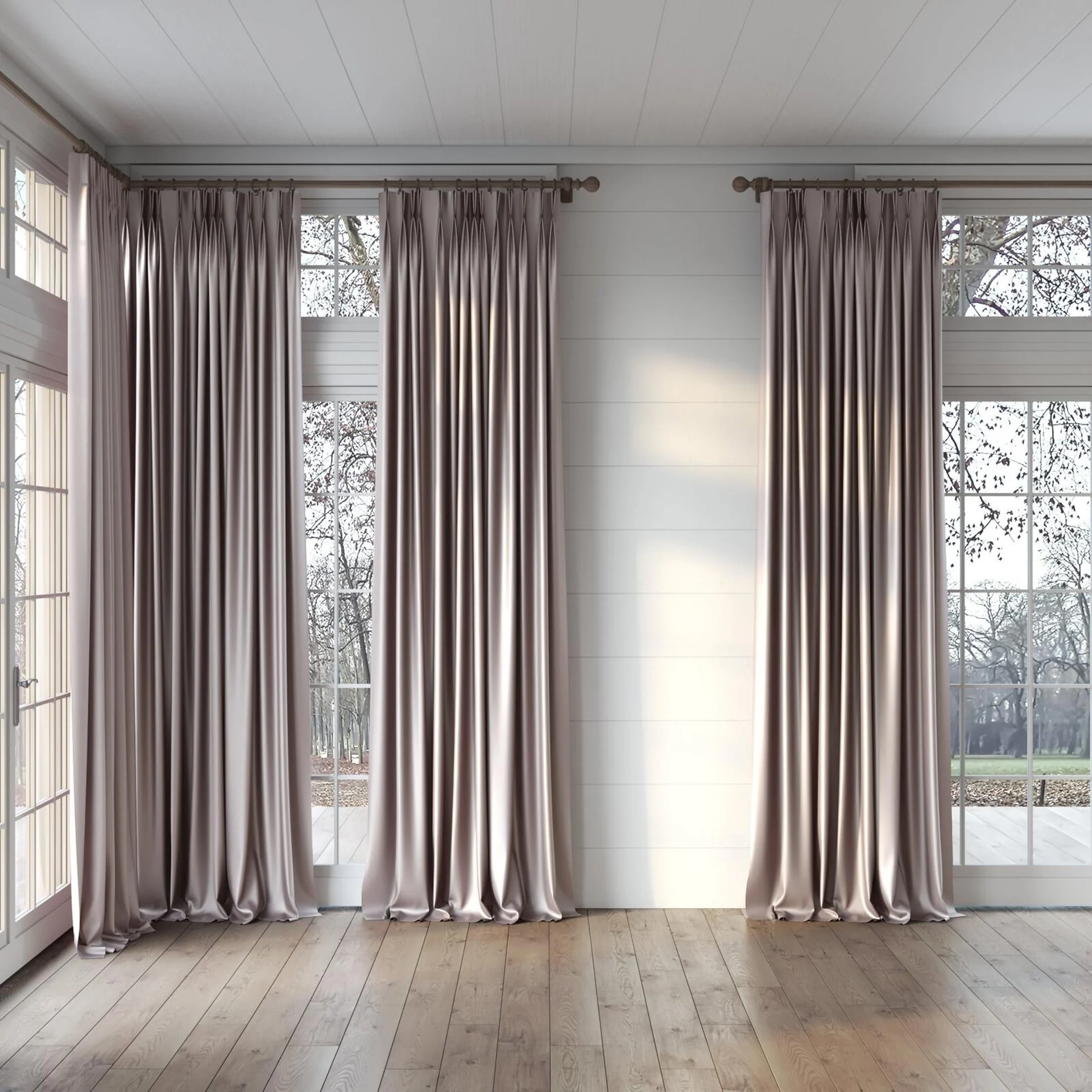 Full view of Moonbeam Lilac, puddled, on curtain rod