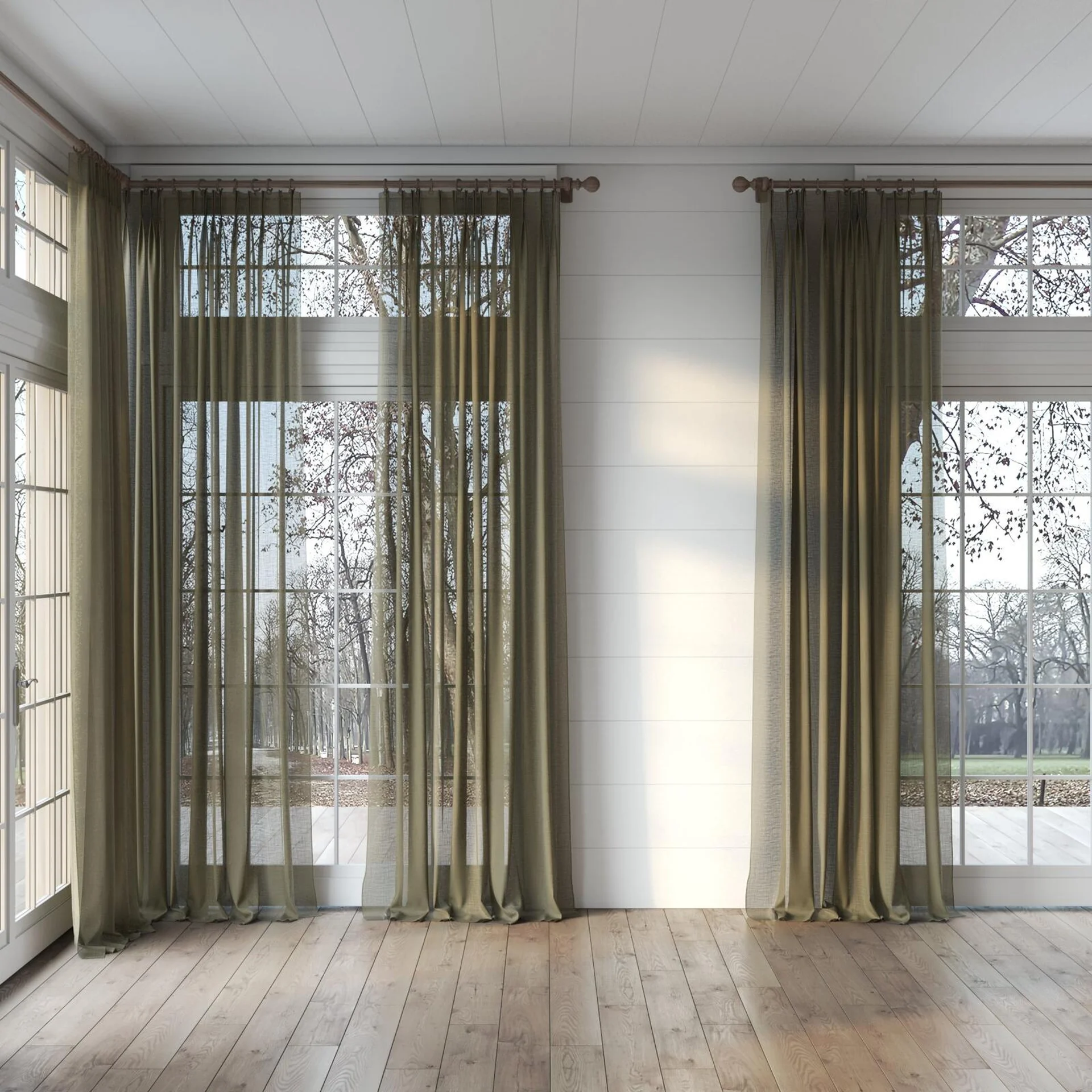 Full view of Verdant Camouflage, puddled, on curtain rod