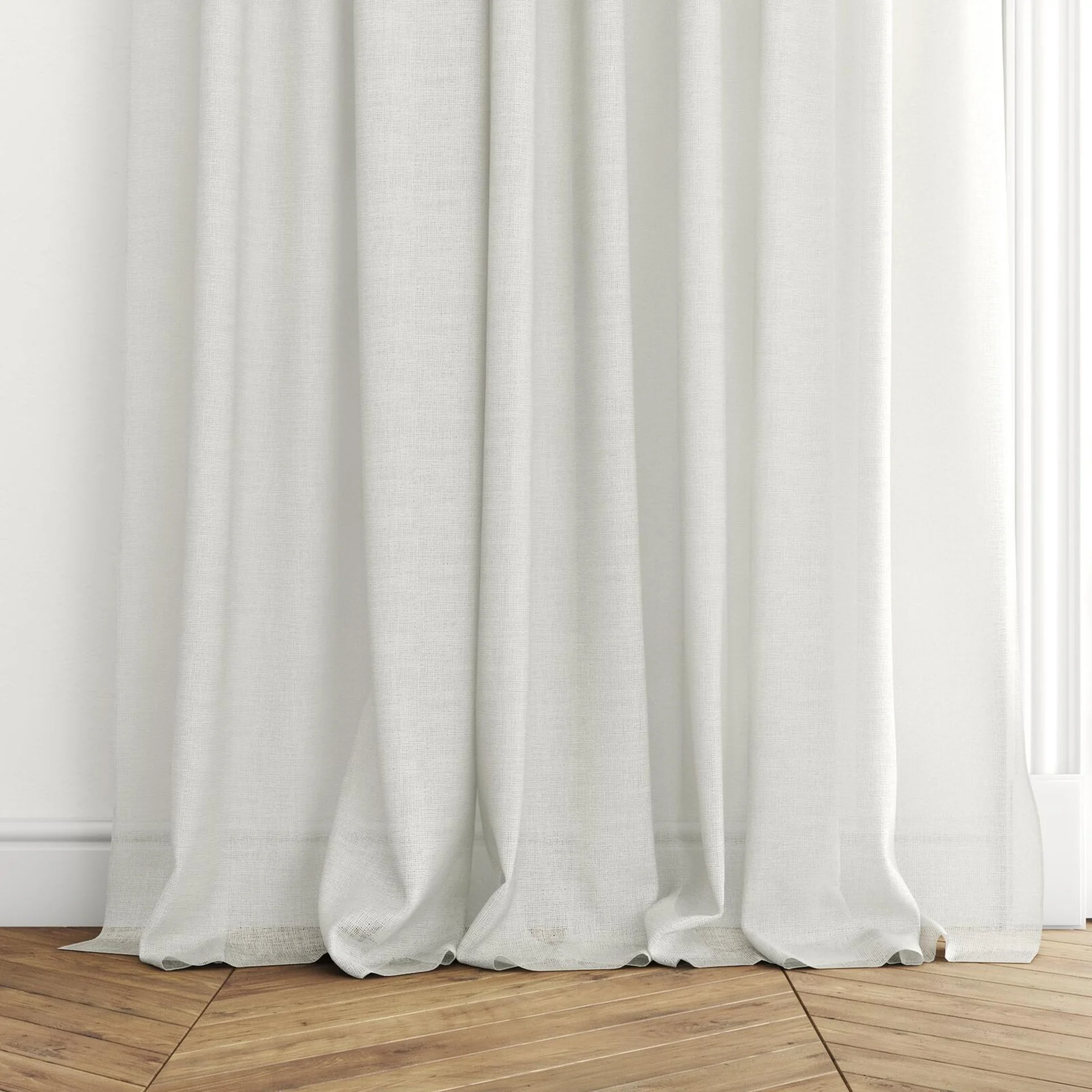Bottom view of Statement Wool, puddled with pinch pleat, on curtain rod