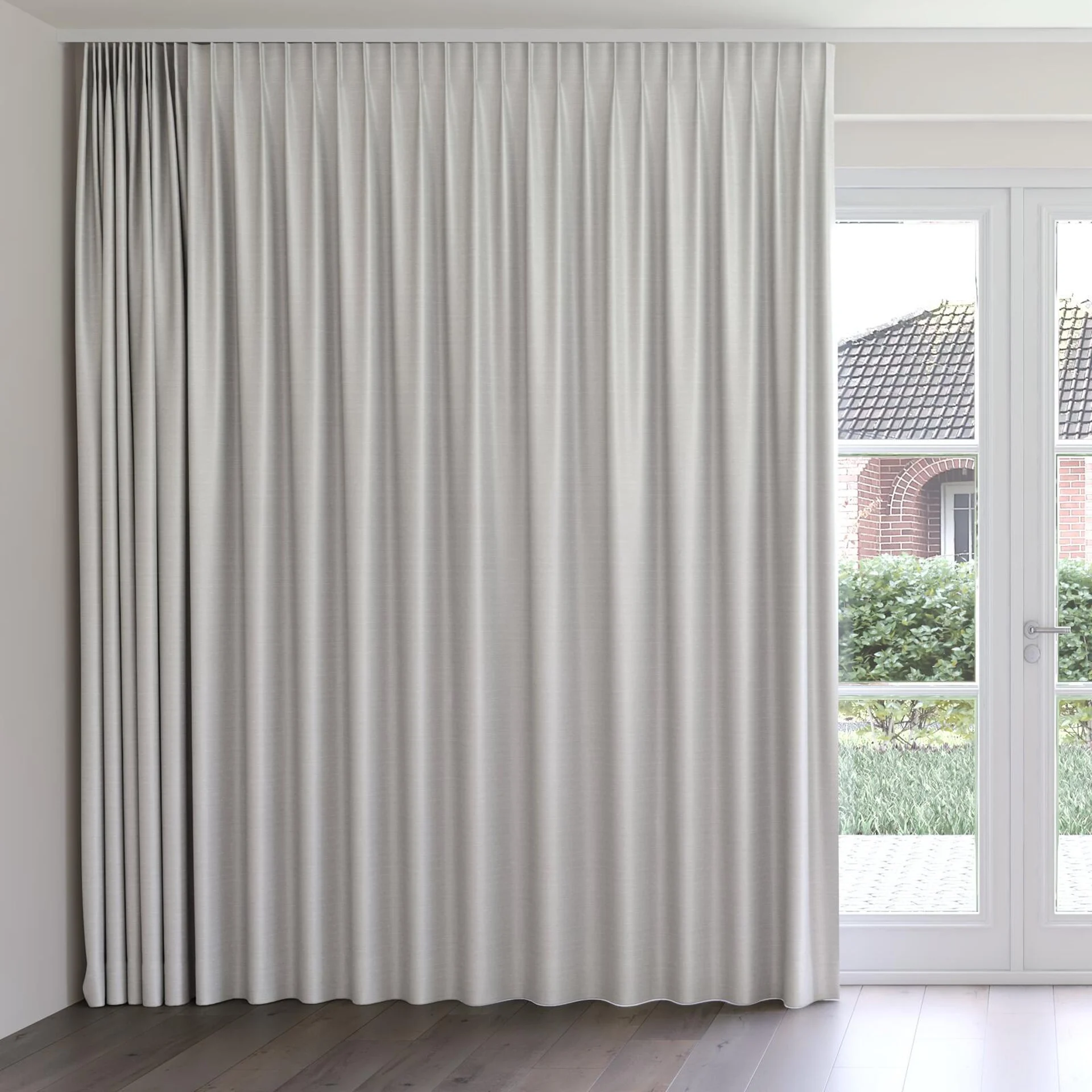 Front view of Silky Sterling, on curtain rail
