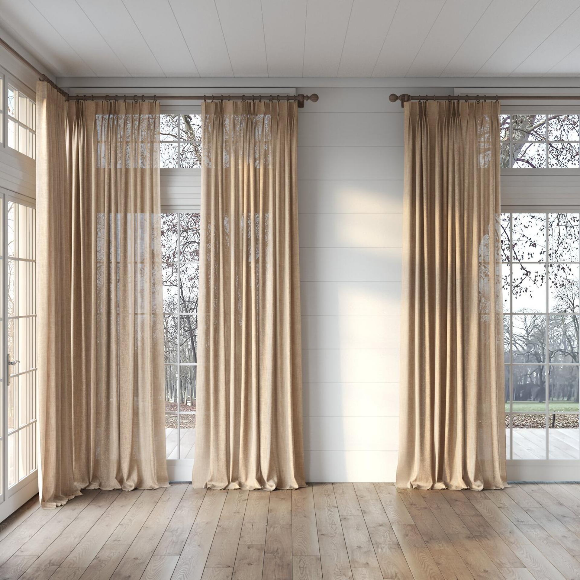 Full view of Motion Caramel, puddled, on curtain rod