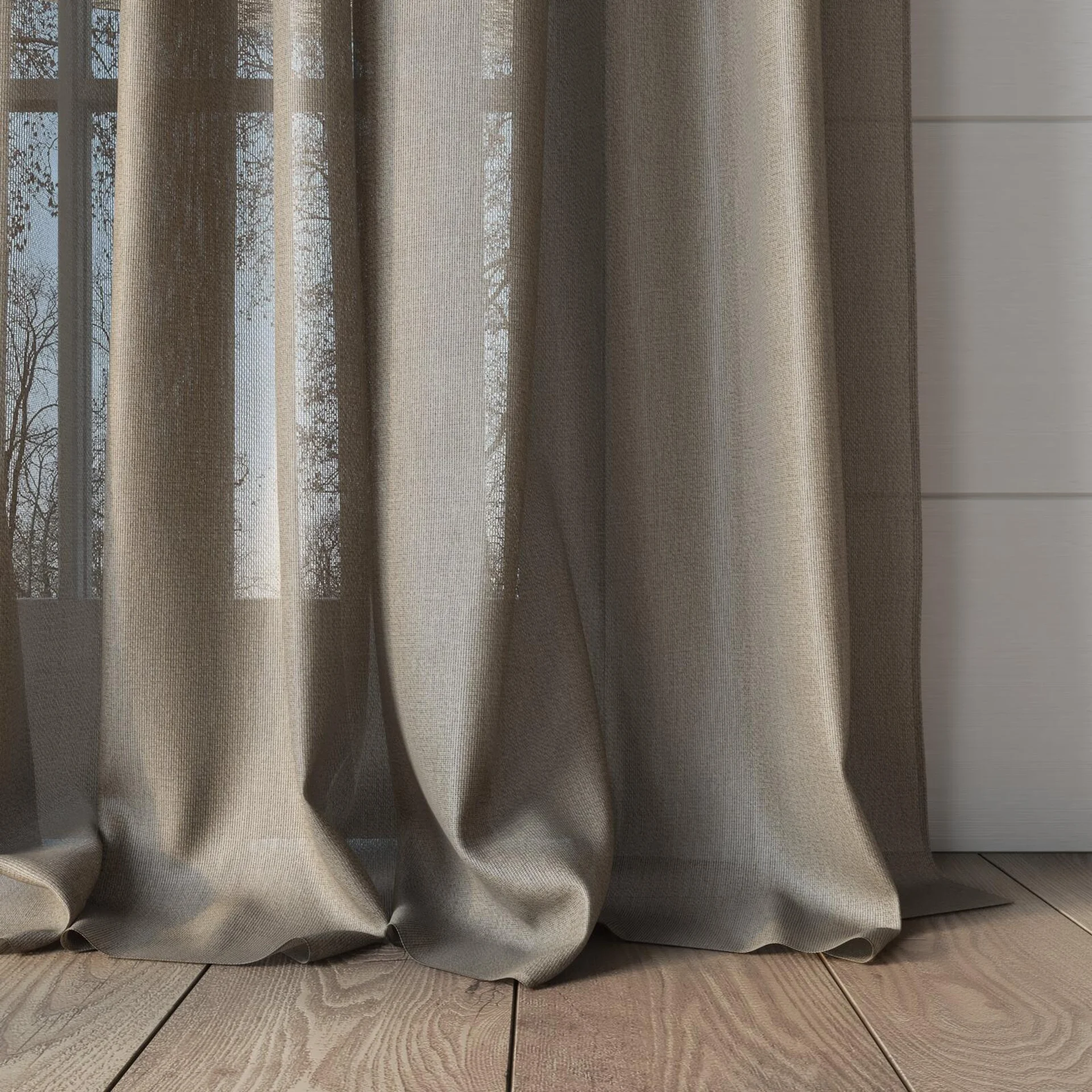 Bottom view of Jermian Linen, puddled, on curtain rod