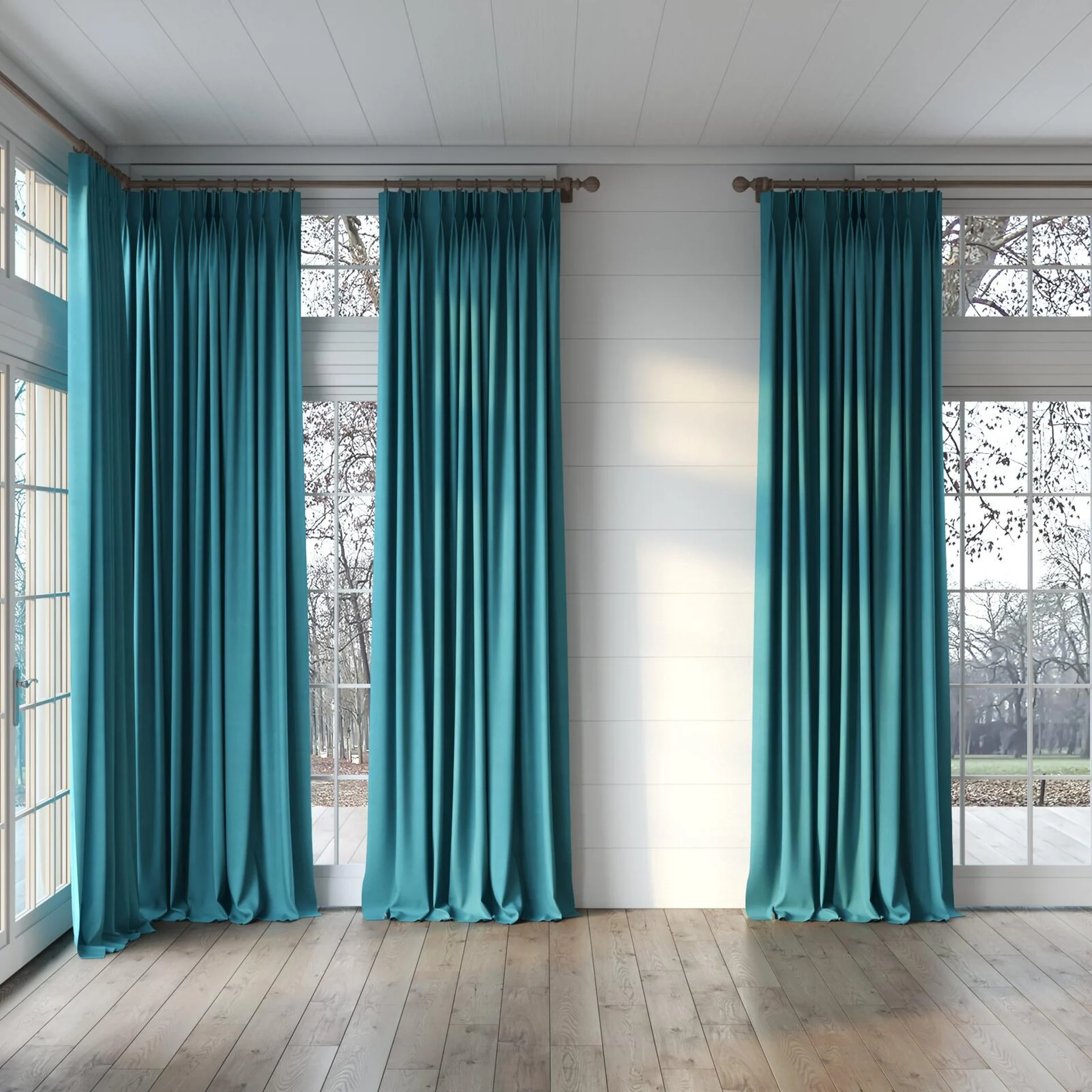 Full view of Lech Aqua, puddled, on curtain rod