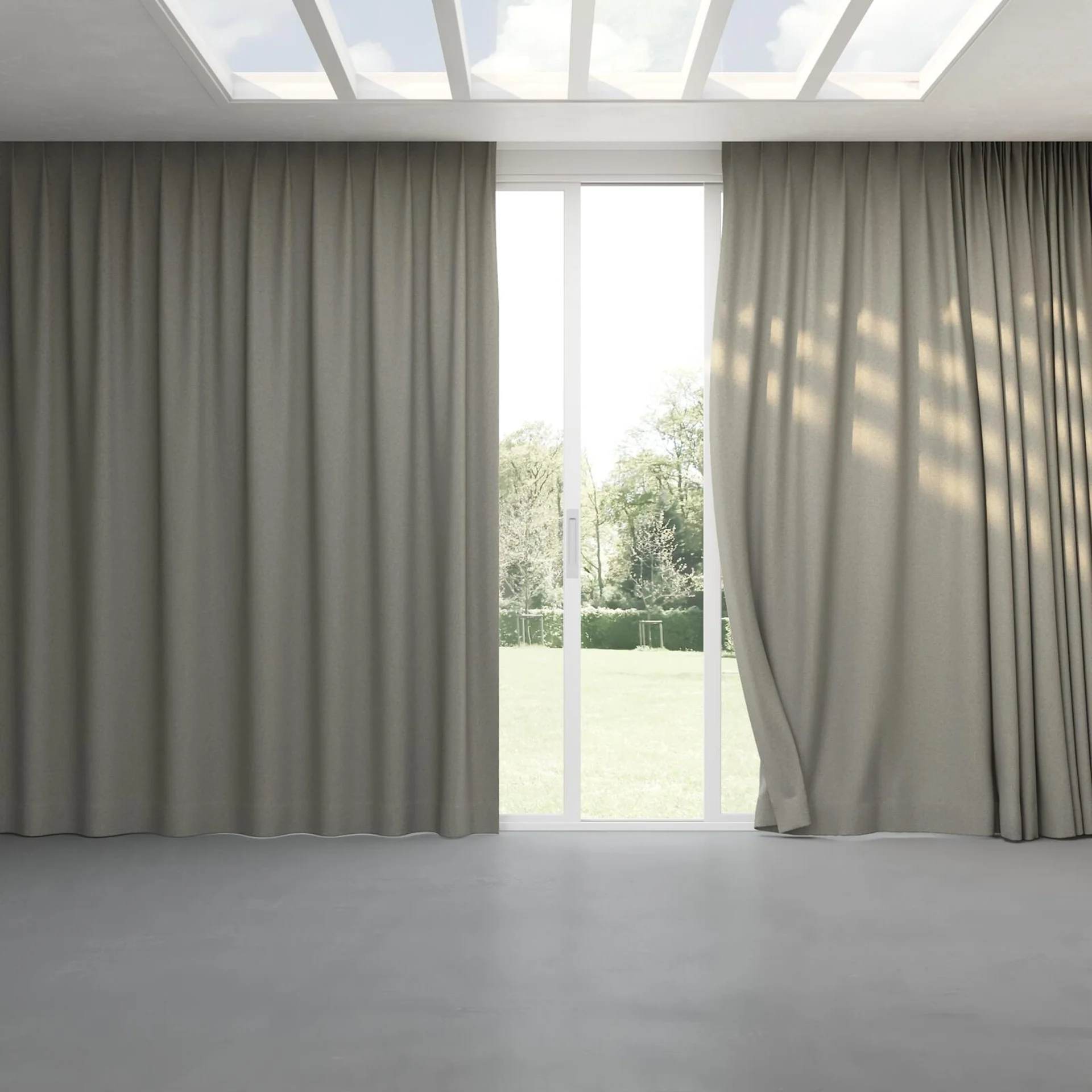 Full view of Retreat II Blue Charcoal, pinch pleat