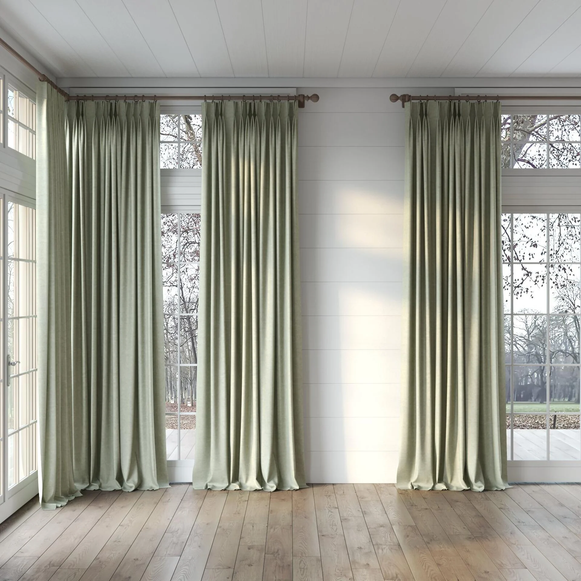 Full view of Colourwash Pesto, puddled, on curtain rod