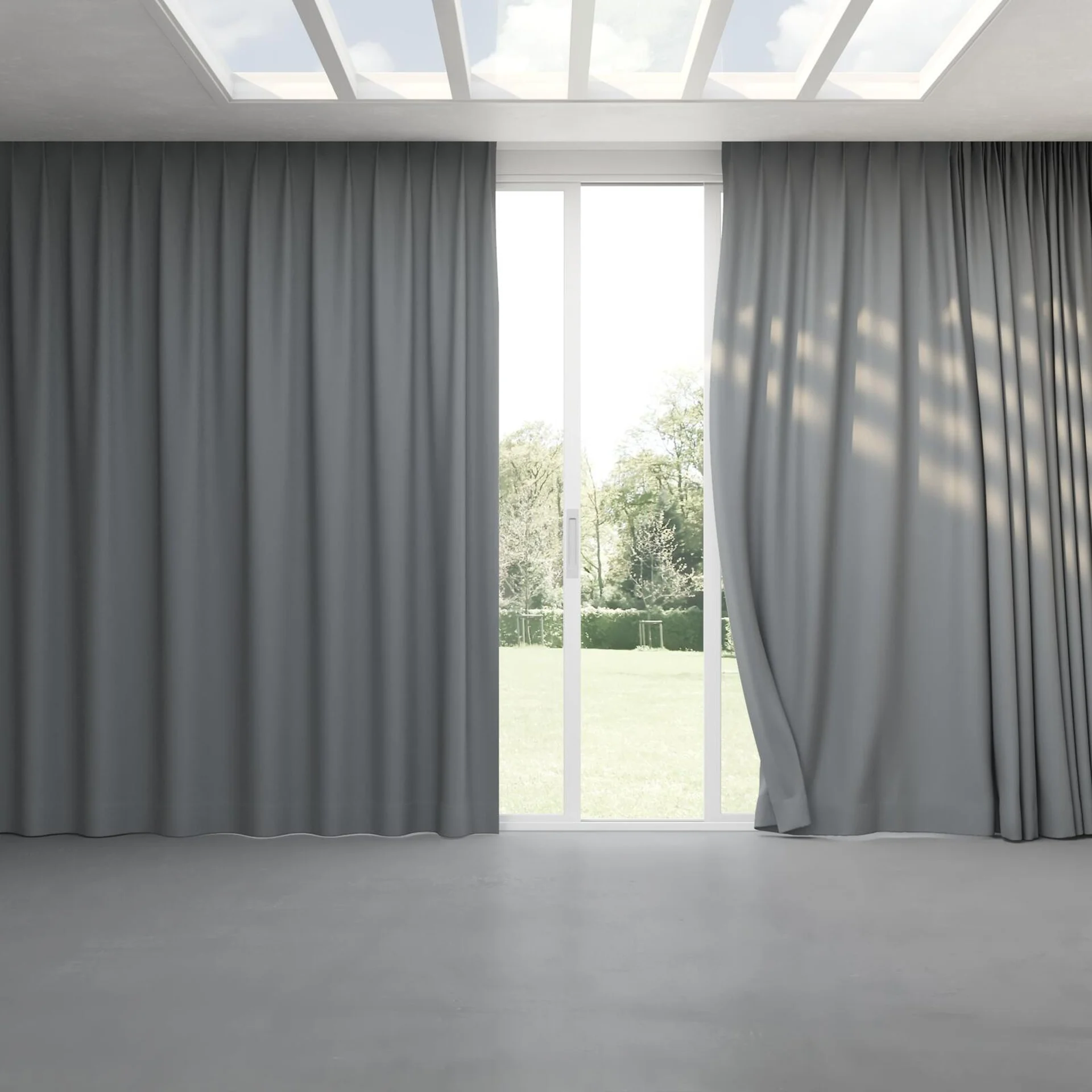 Full view of Darkness Aluminium, pinch pleat