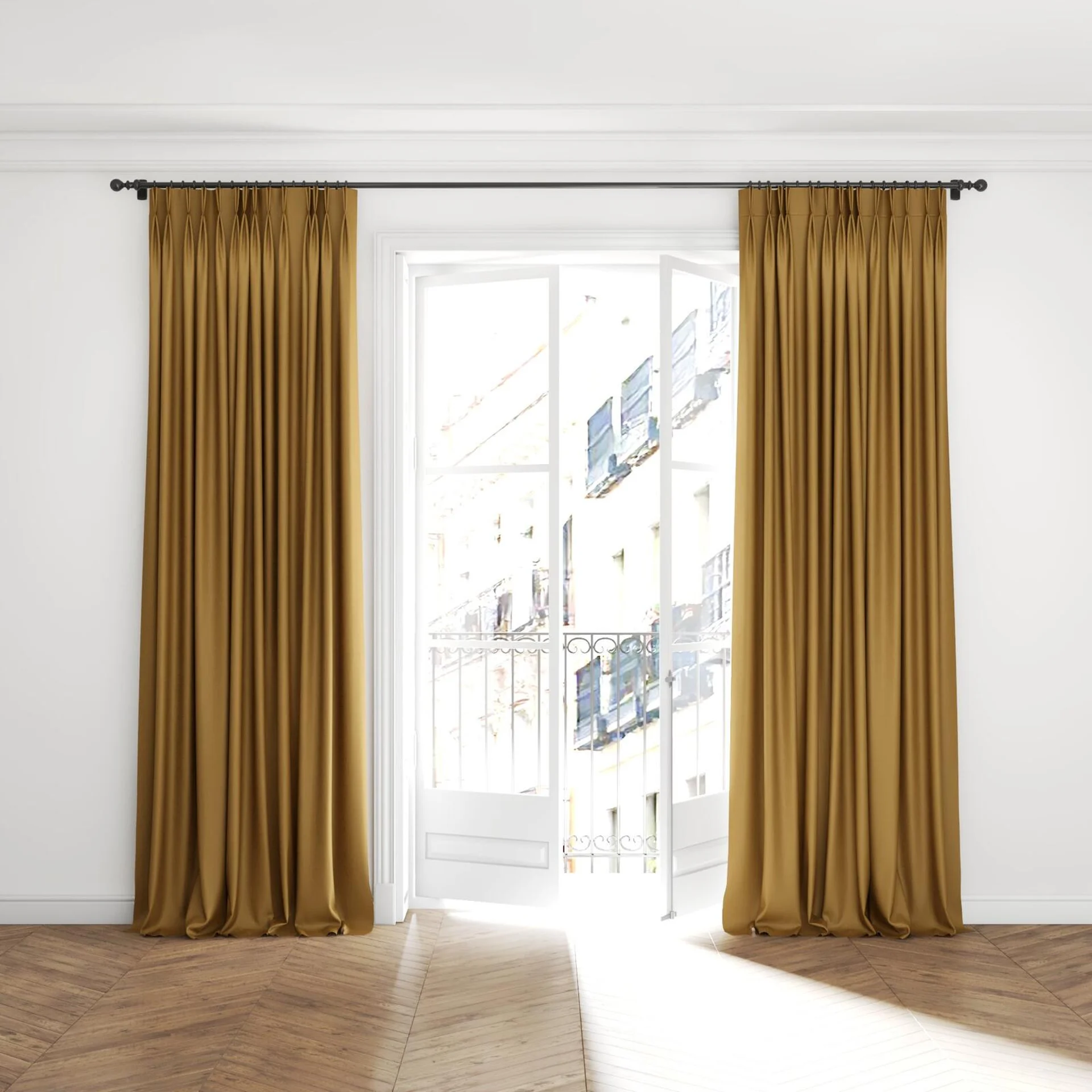Full view of Eternal Turmeric, puddled with pinch pleat, on curtain rod