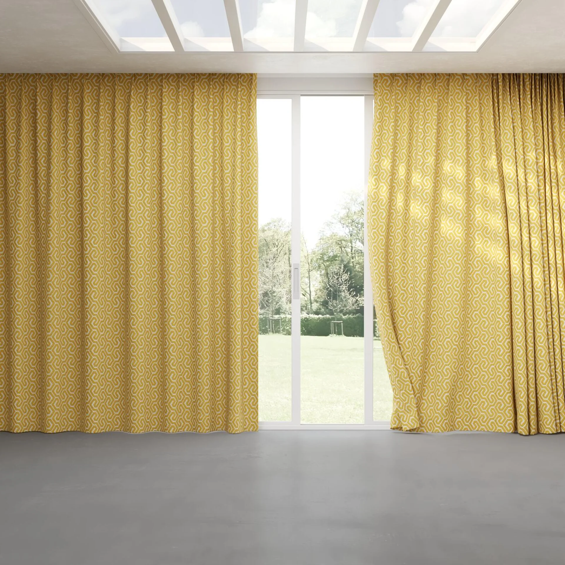 Full view of Comdeca Gold, pinch pleat