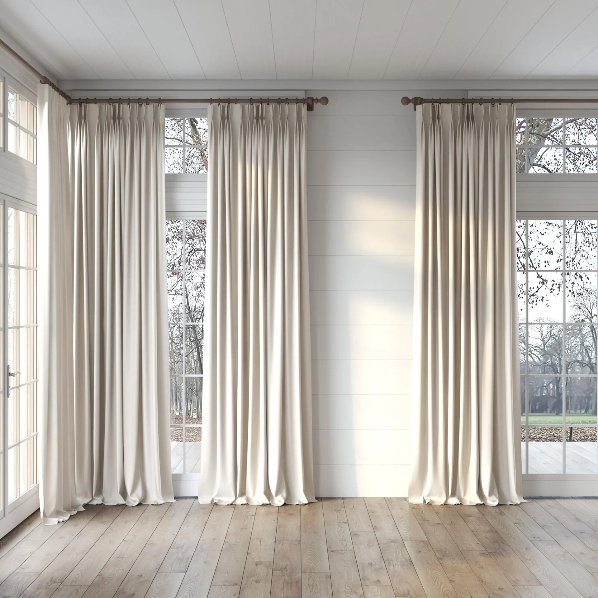 Full view of Borneo Uncoated Linen, puddled, on curtain rod