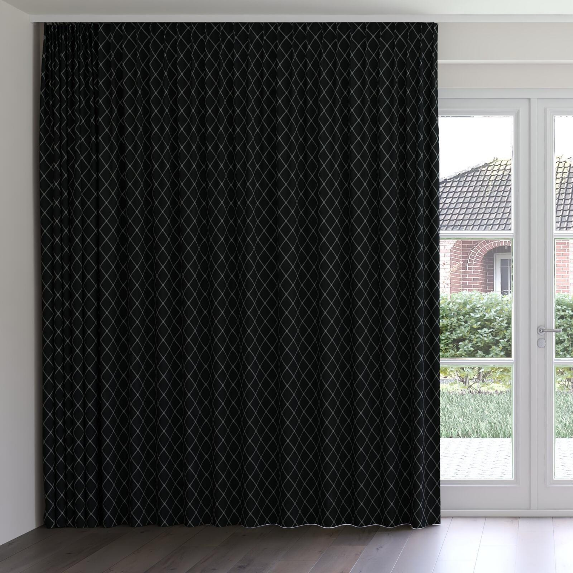 Front view of Pantheon Graphite, on curtain rail