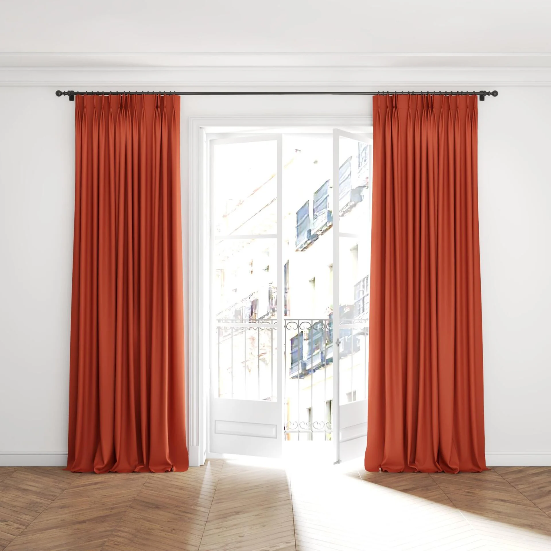 Full view of Ultra Dim Sierra, puddled with pinch pleat, on curtain rod