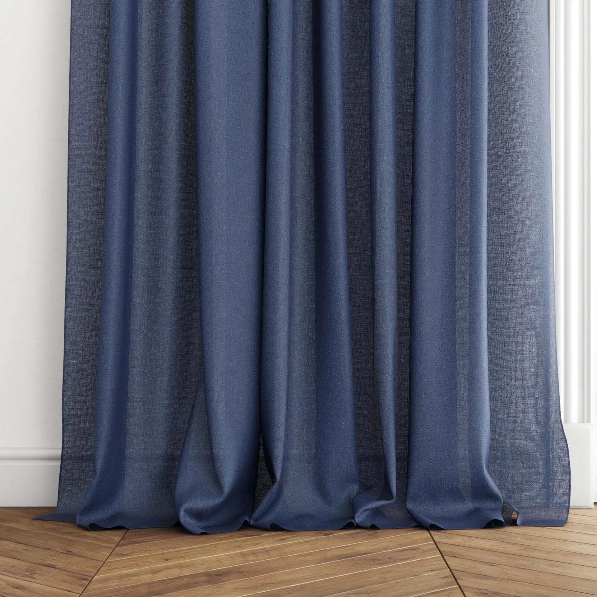 Bottom view of Focus Navy, puddled with pinch pleat, on curtain rod