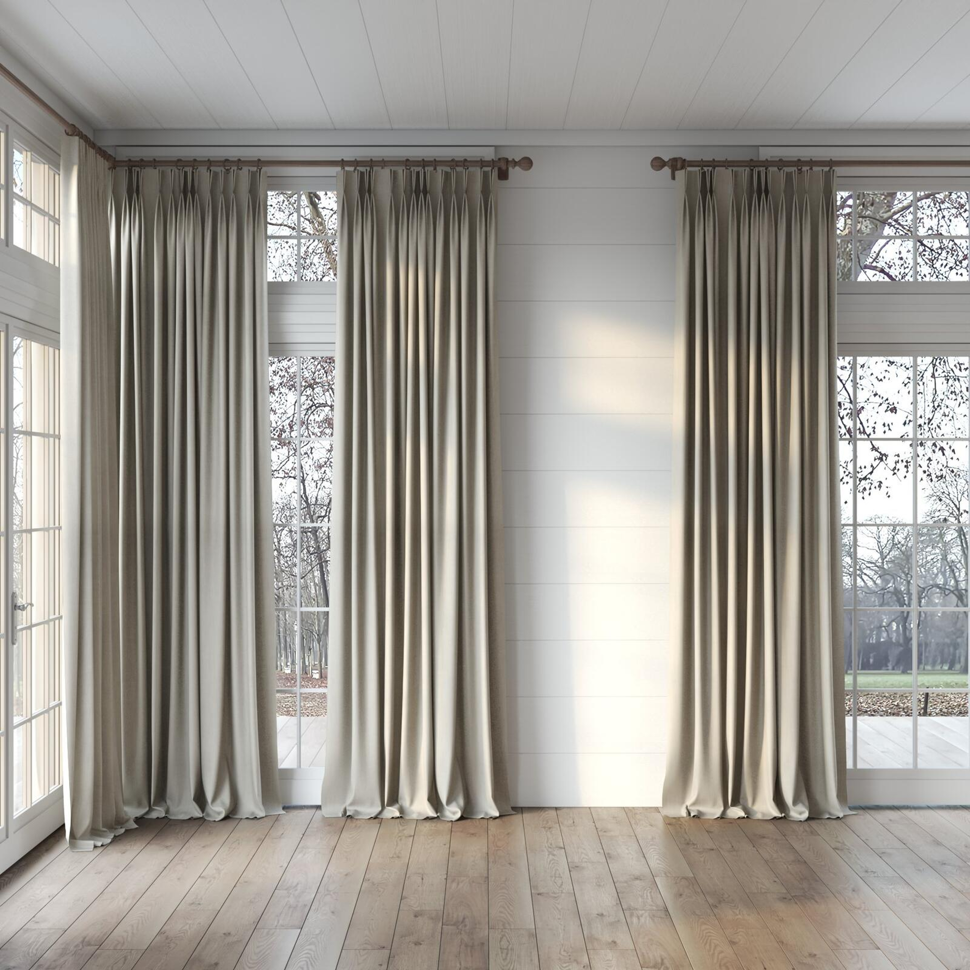 Full view of Lexicon Linen, puddled, on curtain rod