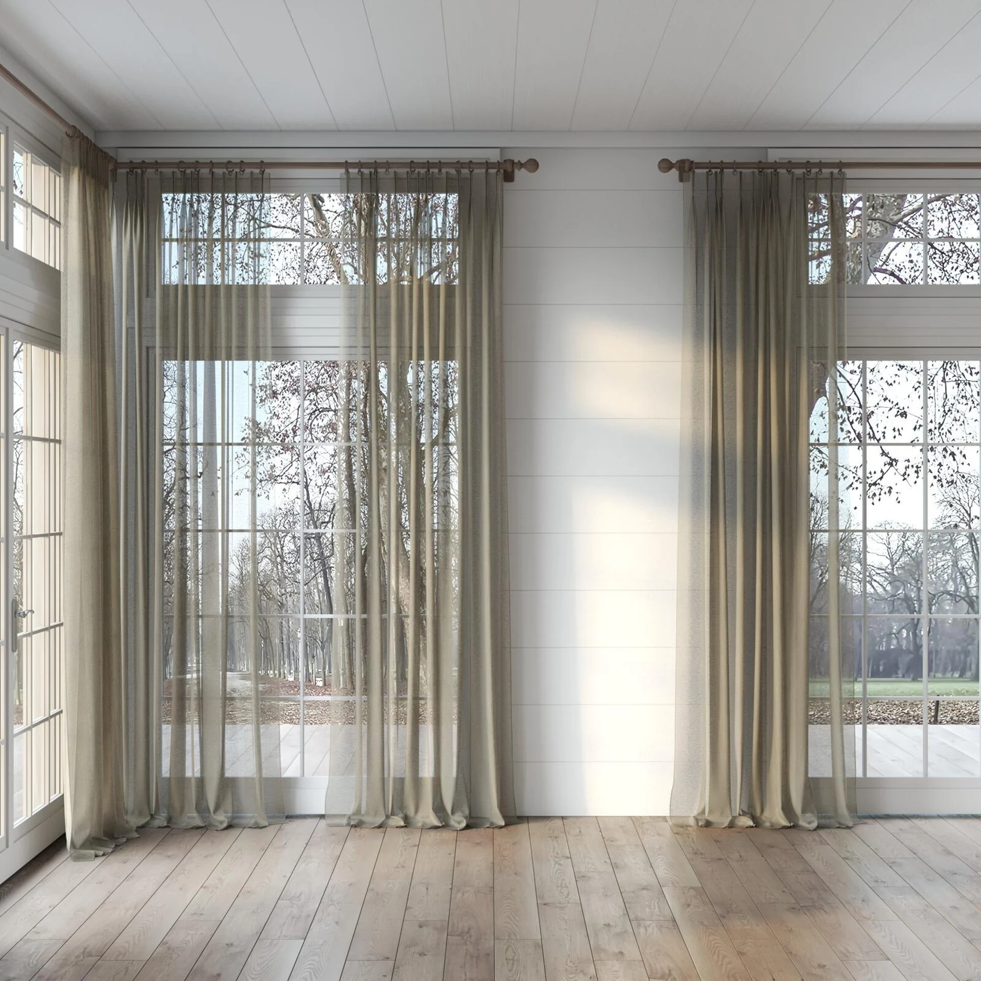 Full view of Realism Mink, puddled, on curtain rod
