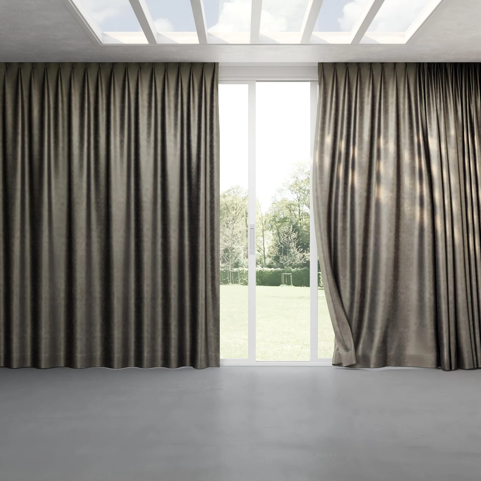 Full view of Fizz Slate, pinch pleat