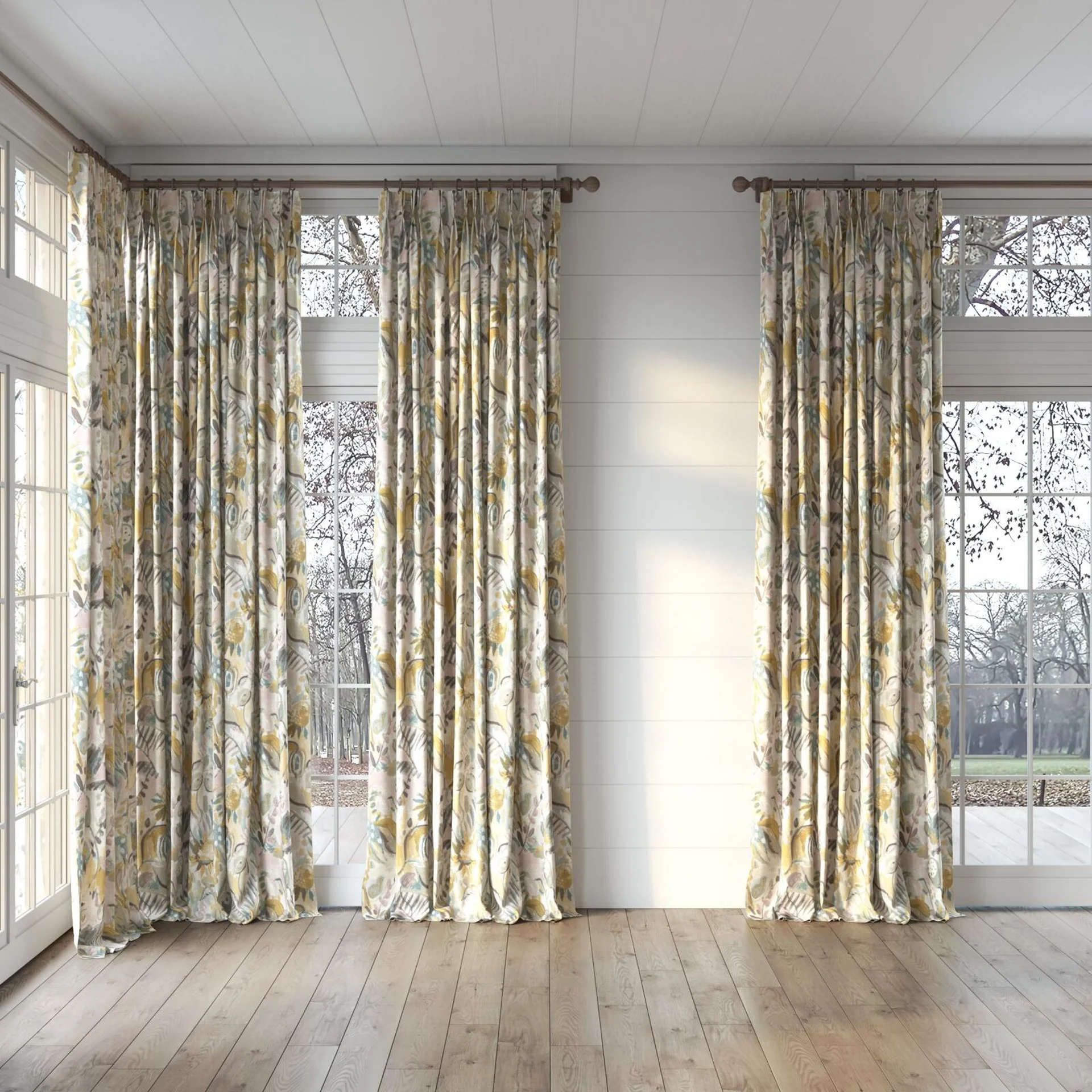 Full view of Charleston Meadow, puddled, on curtain rod