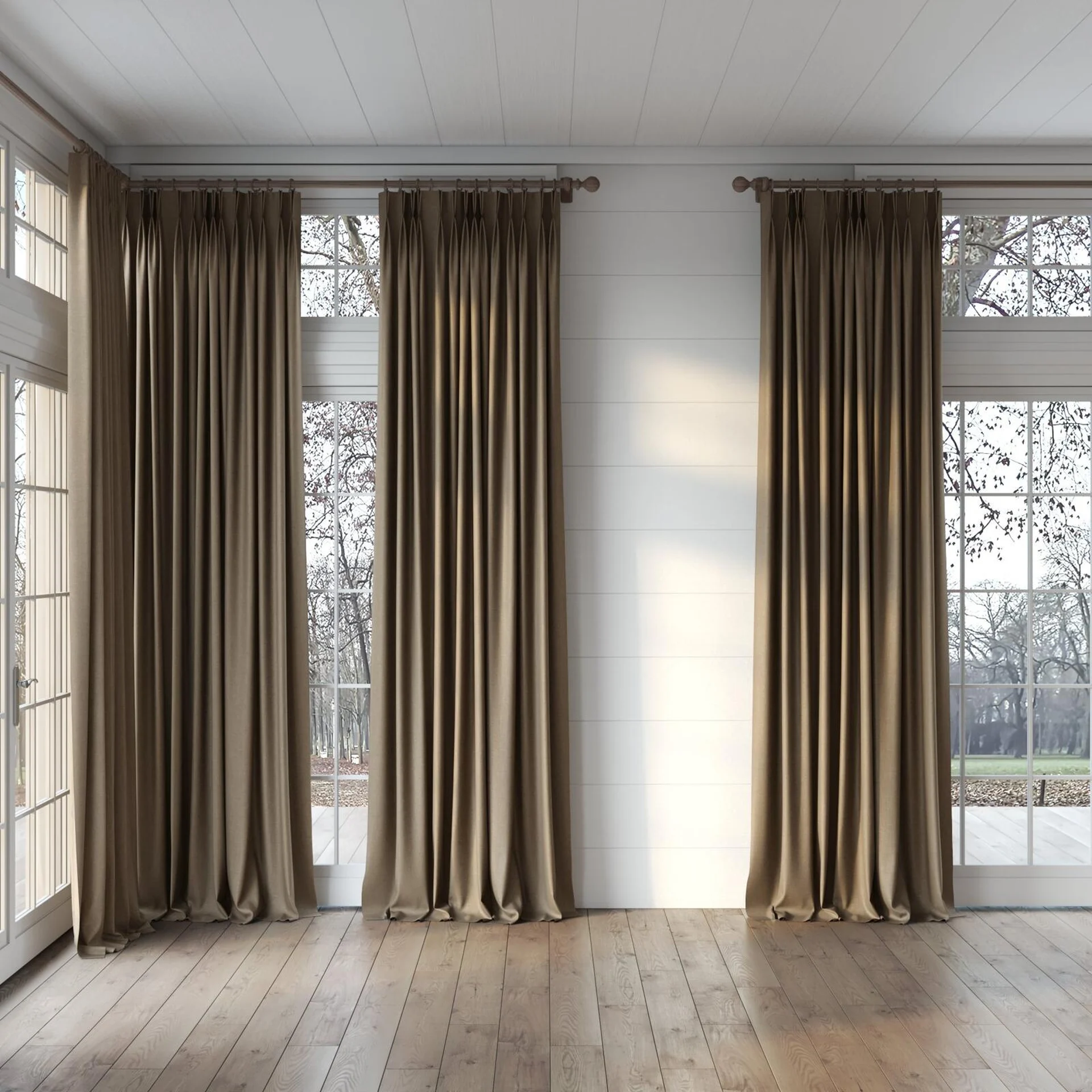 Full view of Perfecto Truffle, puddled, on curtain rod