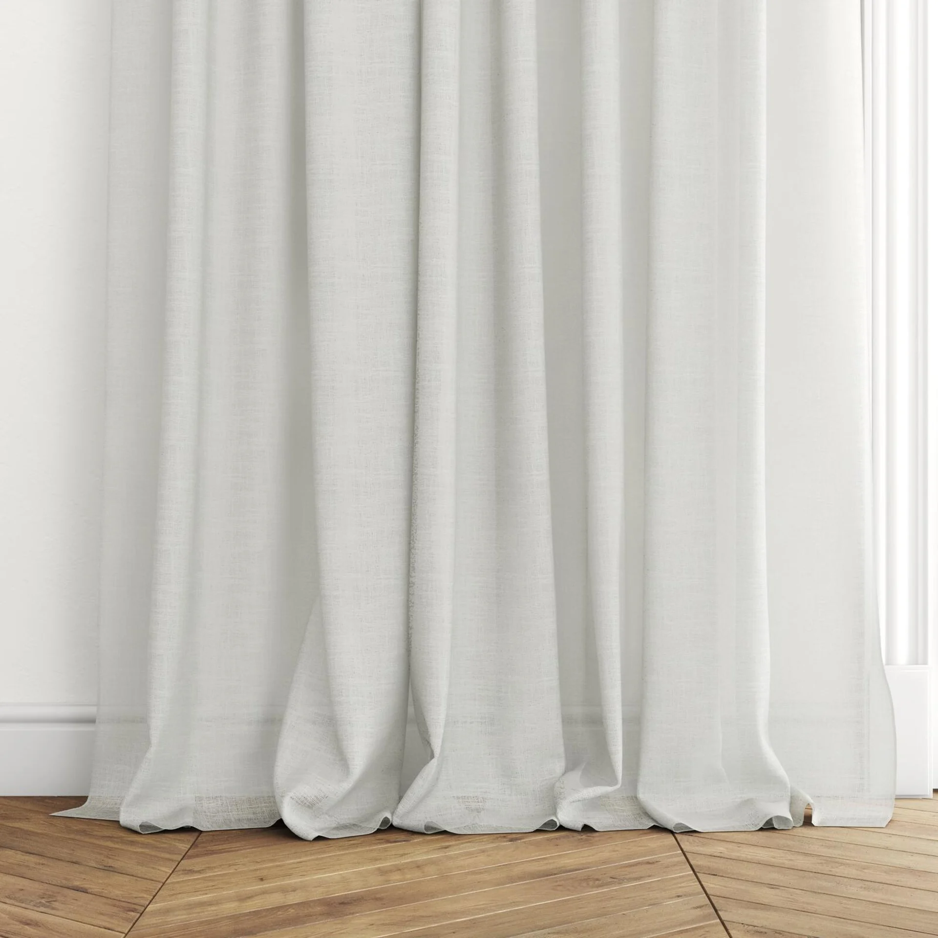 Bottom view of Verdant Papyrus, puddled with pinch pleat, on curtain rod