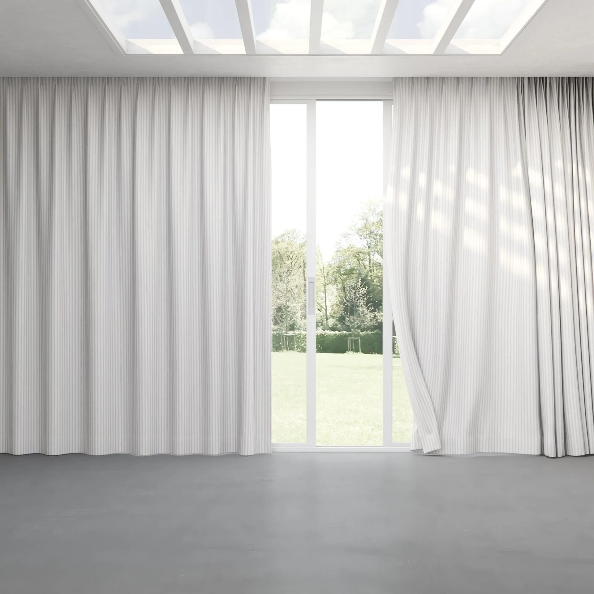 Full view of Chambray Ticking Clay, pinch pleat
