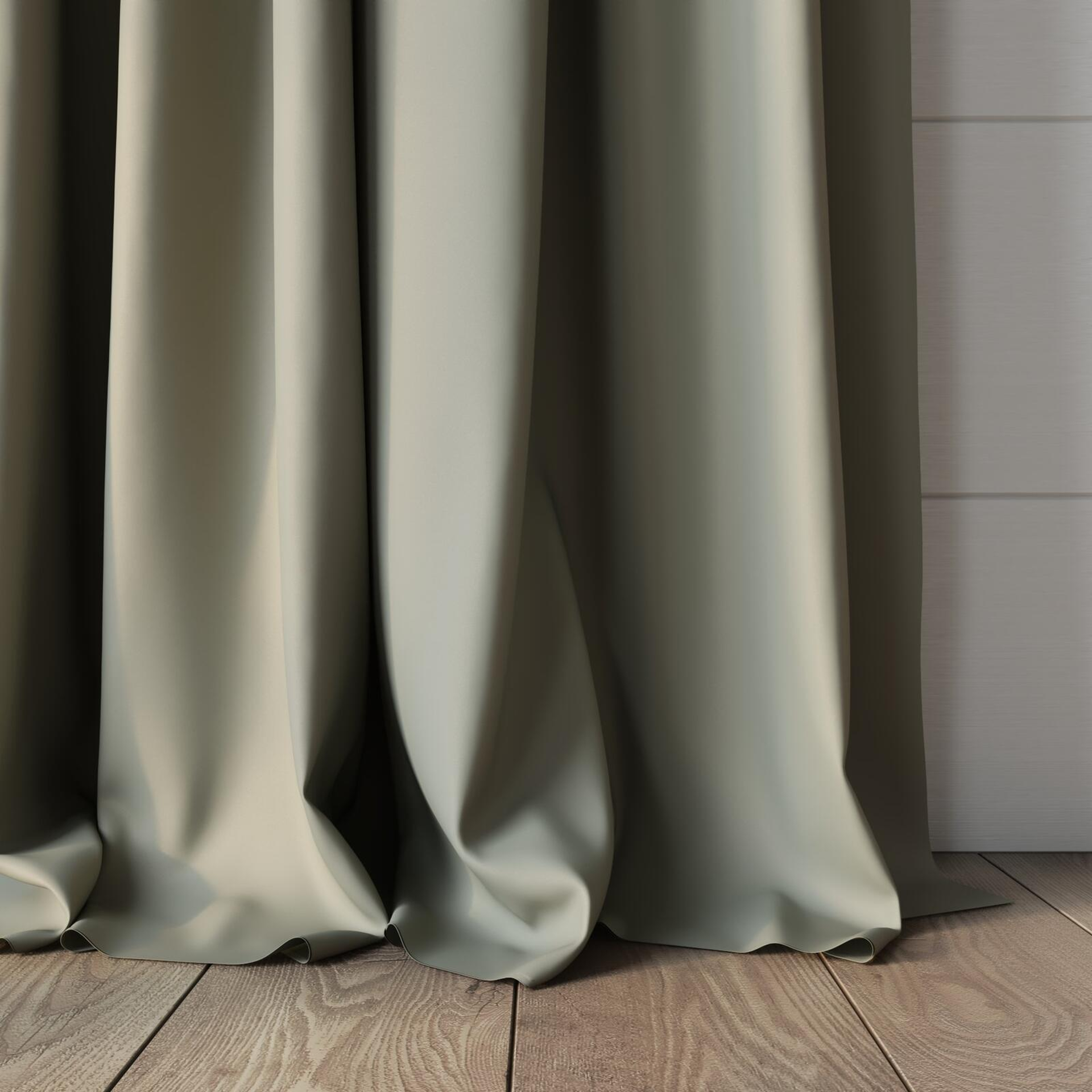 Bottom view of Ultra Dim Linen, puddled, on curtain rod