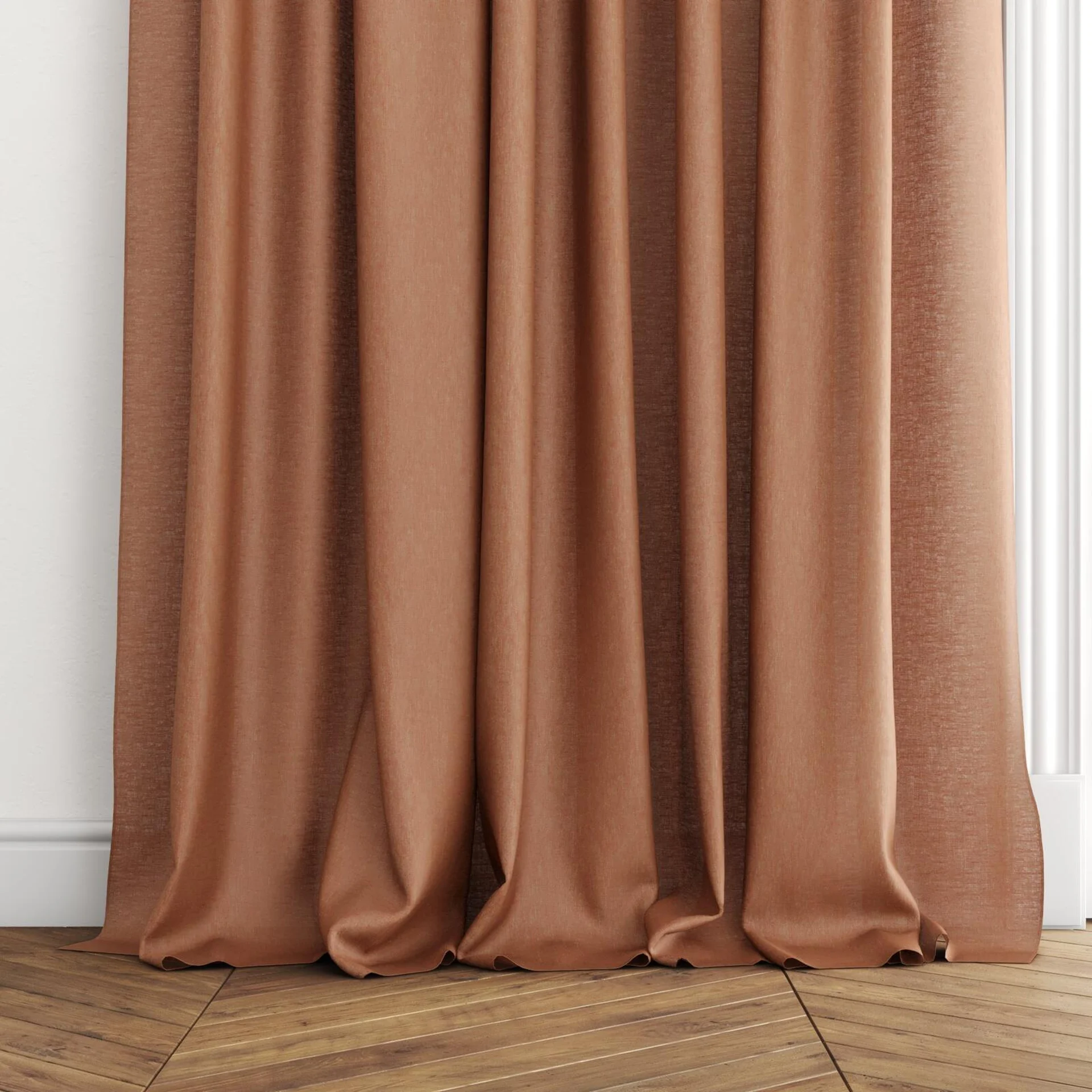 Bottom view of Laconia Air Brick, puddled with pinch pleat, on curtain rod