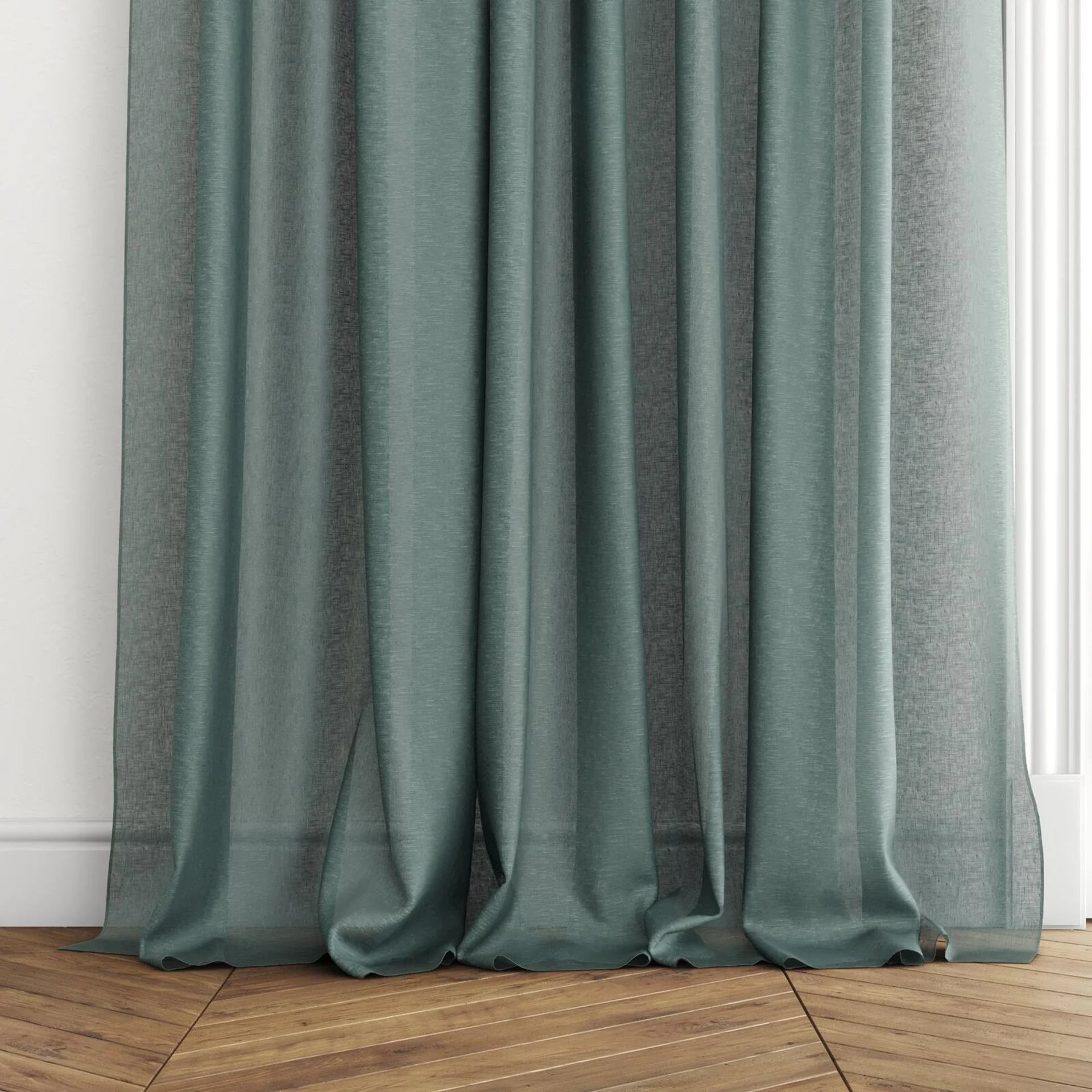 Bottom view of Laconia Air Atlantic, puddled with pinch pleat, on curtain rod