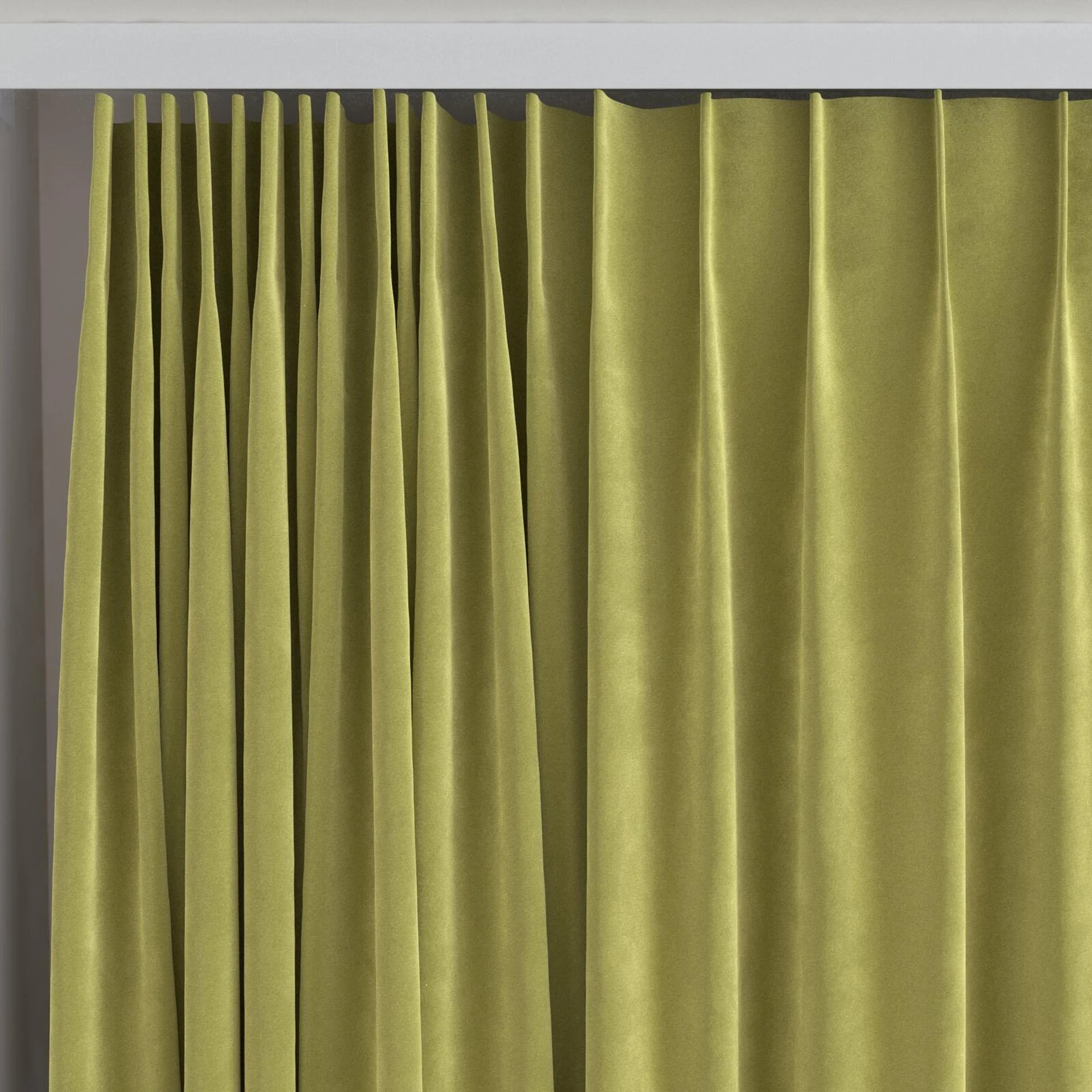 Top view of Lux Velvet Avocado 8117, on curtain rail