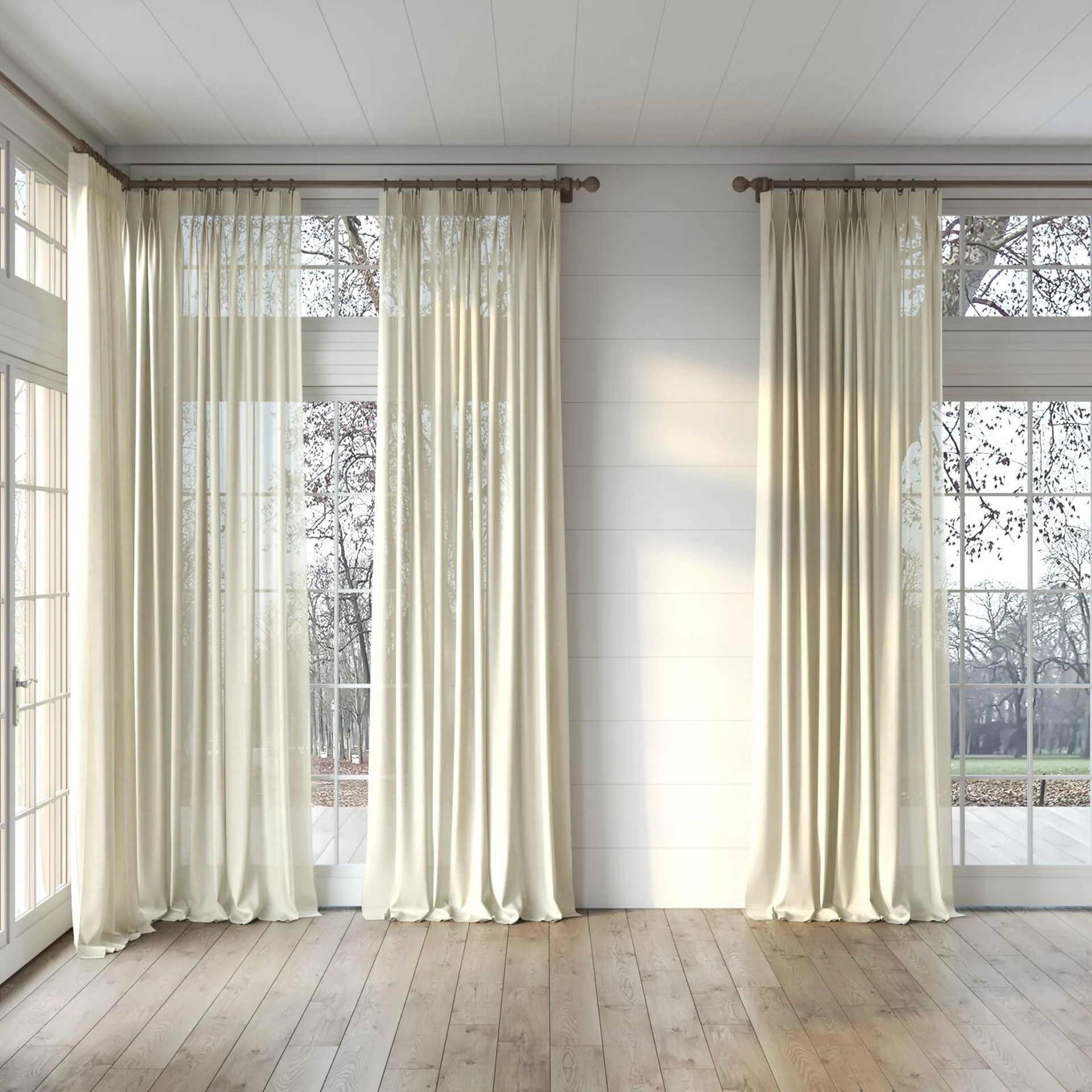Full view of Flo II Marzipan, puddled, on curtain rod