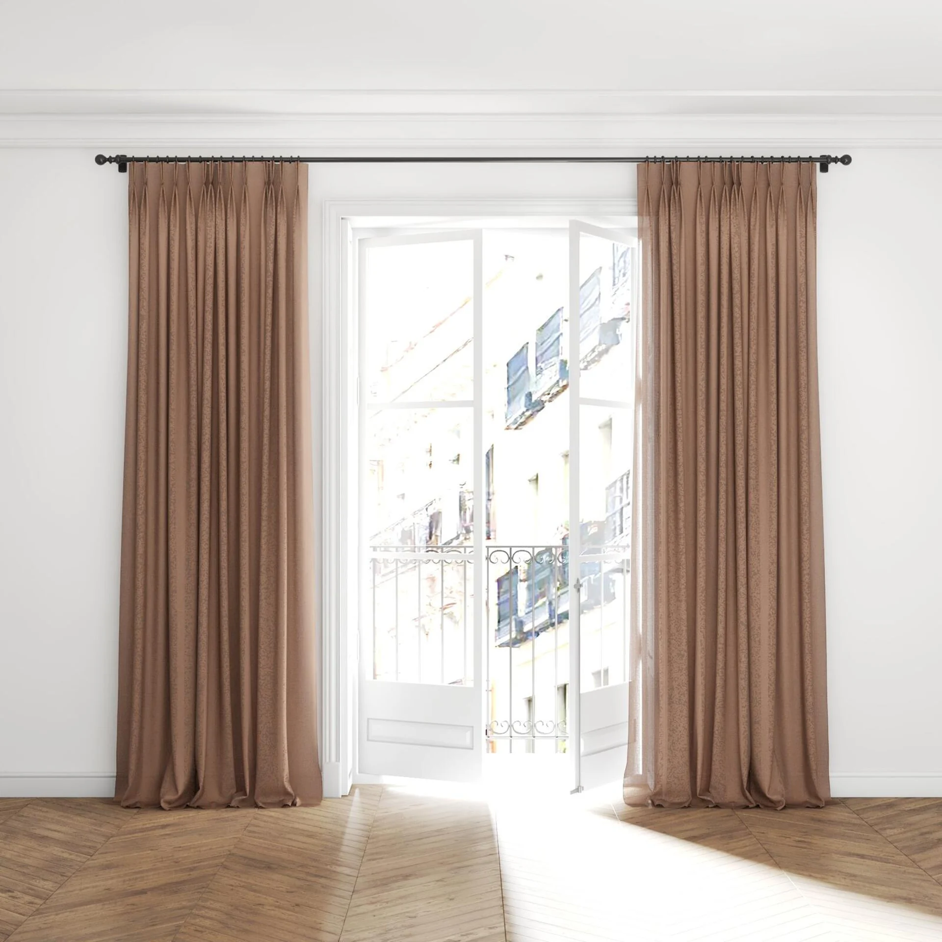 Full view of Element Blush, puddled with pinch pleat, on curtain rod