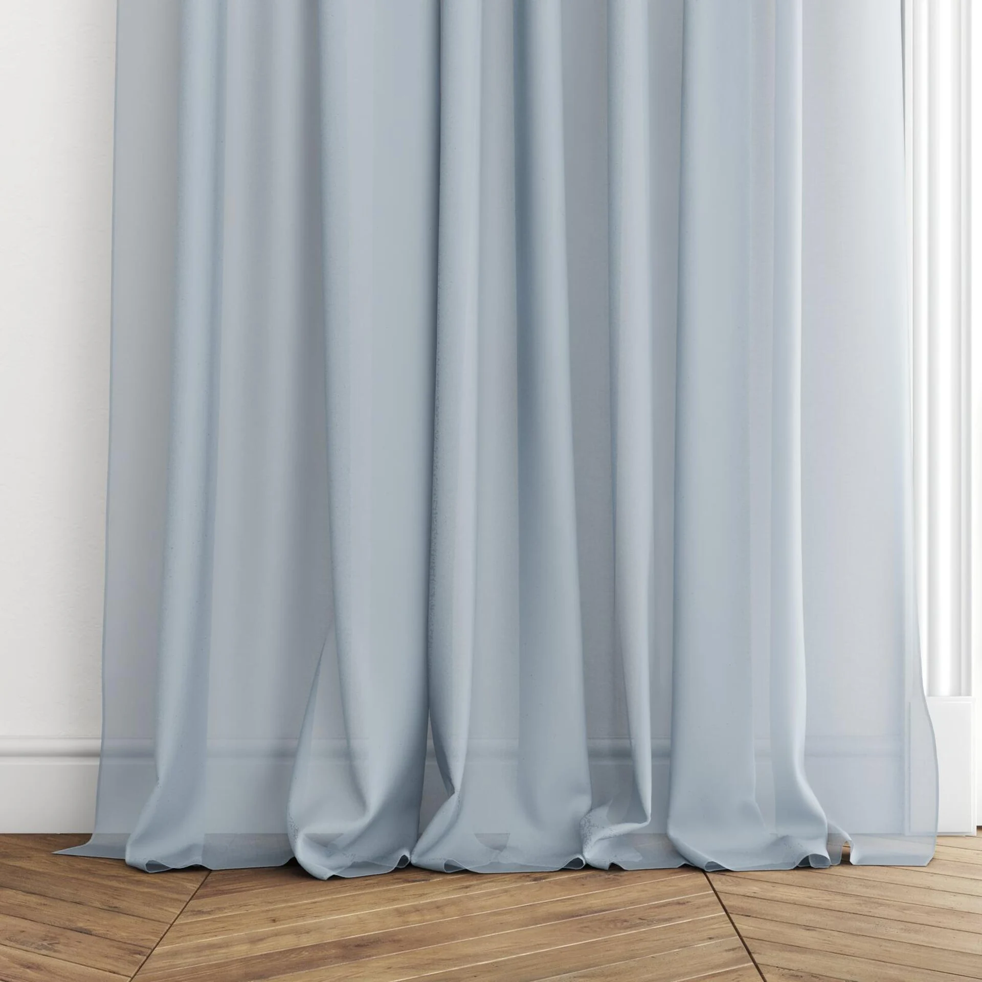 Bottom view of Zine Horizon, puddled with pinch pleat, on curtain rod