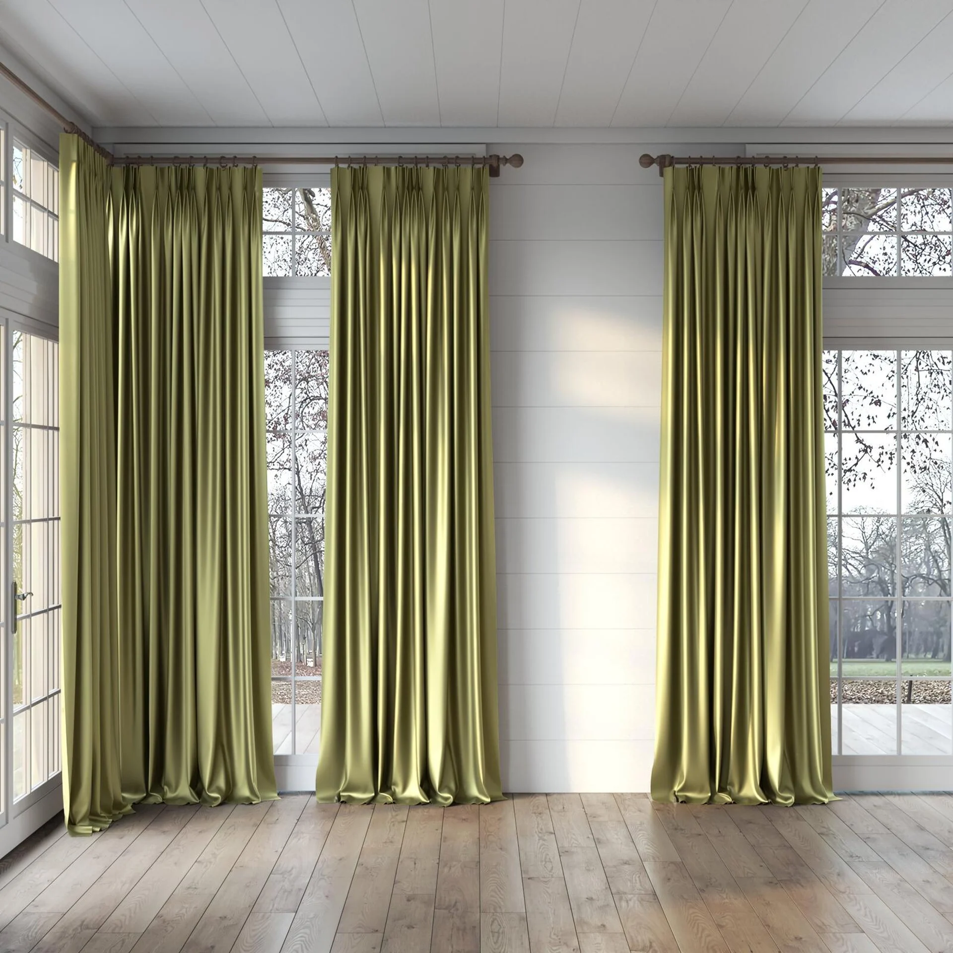 Full view of North Face Moss, puddled, on curtain rod