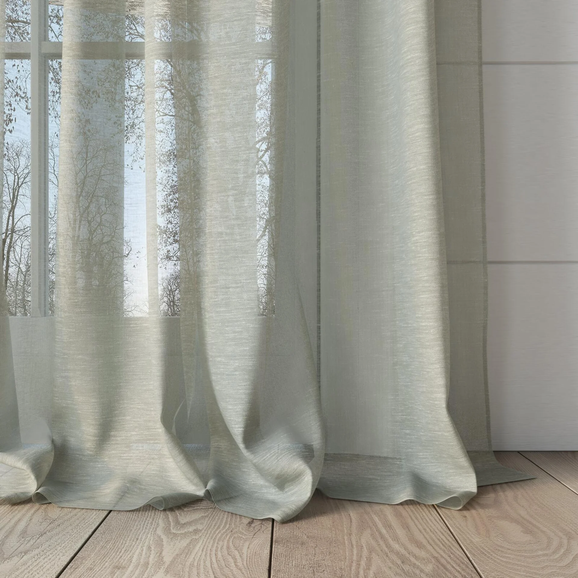 Bottom view of Locomotion Linden, puddled, on curtain rod