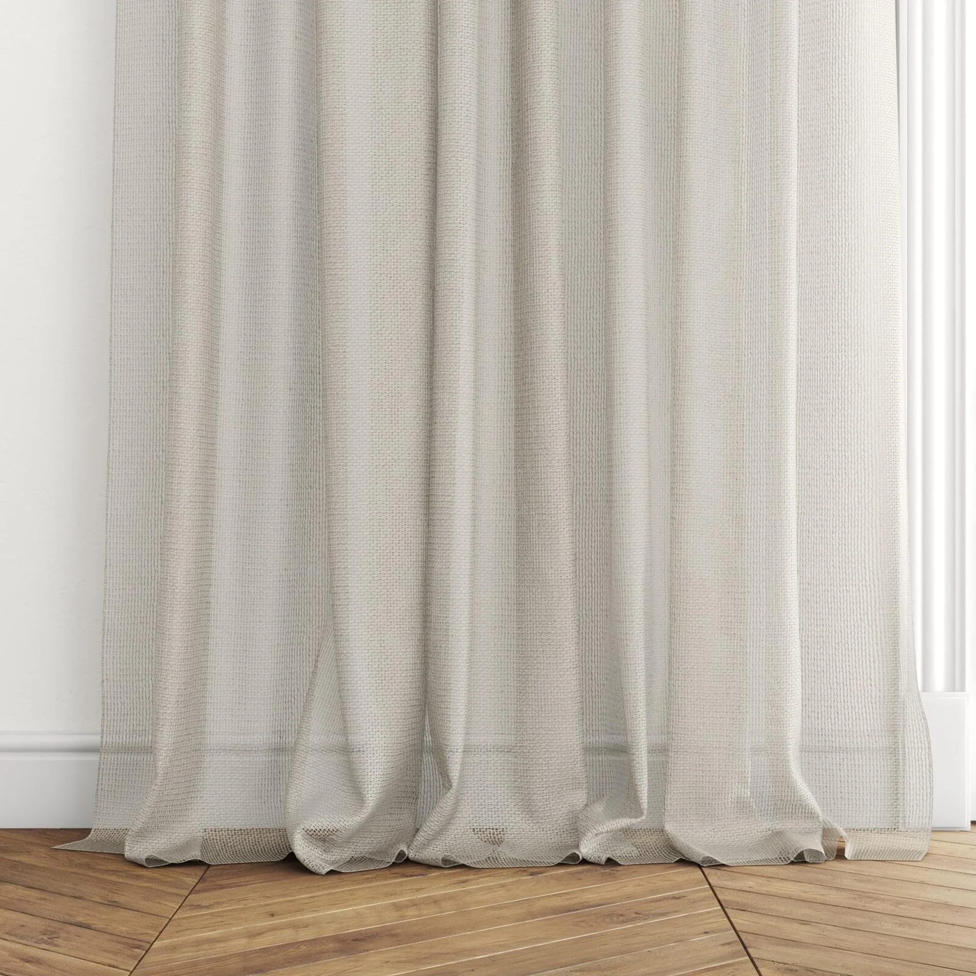 Bottom view of Cosmos Sand, puddled with pinch pleat, on curtain rod
